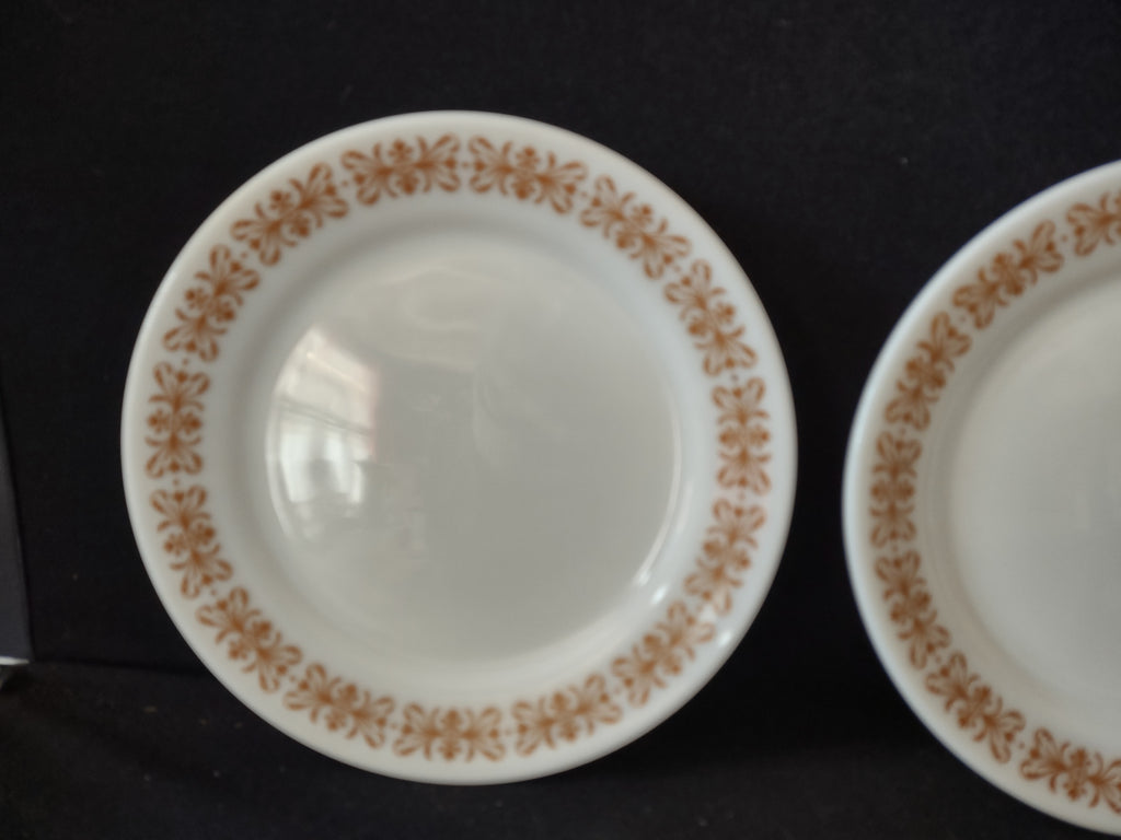 Vintage Pyrex Milk Glass USA Copper Filigree 8" Salad Plate x 2 (lot 5208)