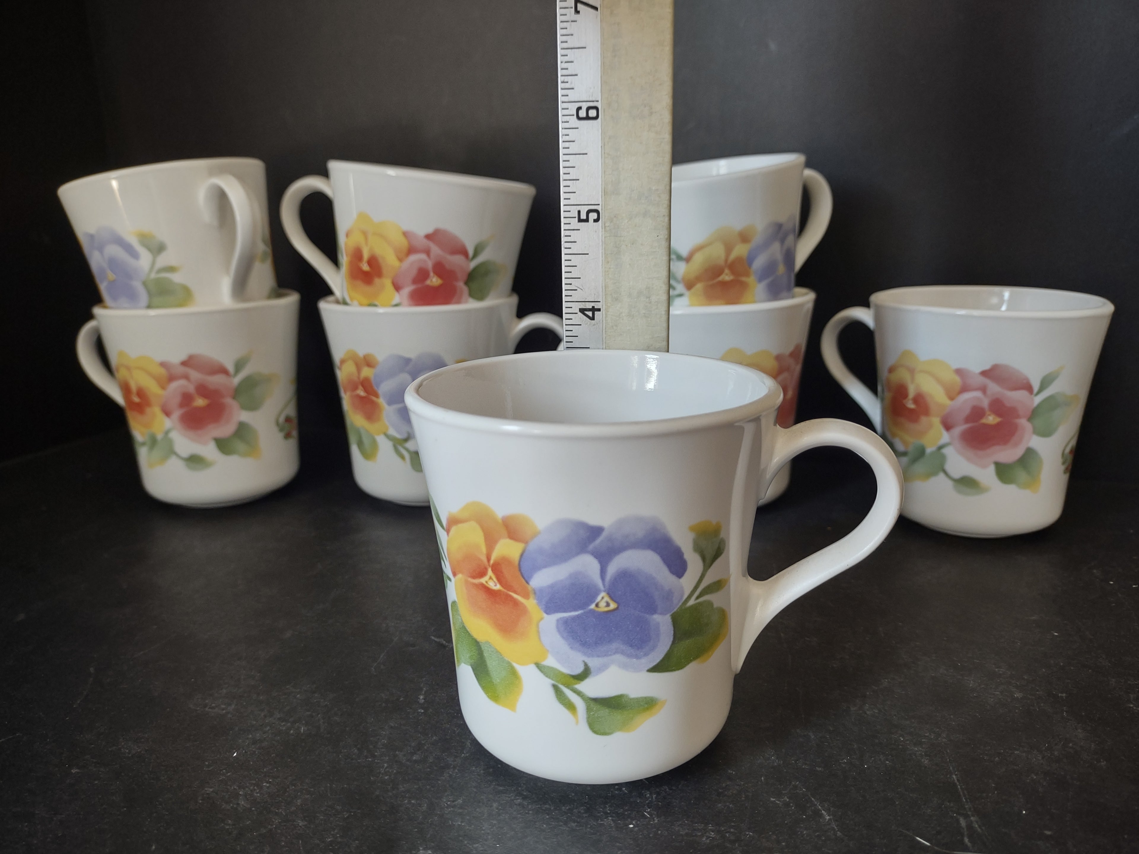 Corning Summer Blush Pansy Flower Tea Coffee Mug Cup Set of 8 (lot 2956c)