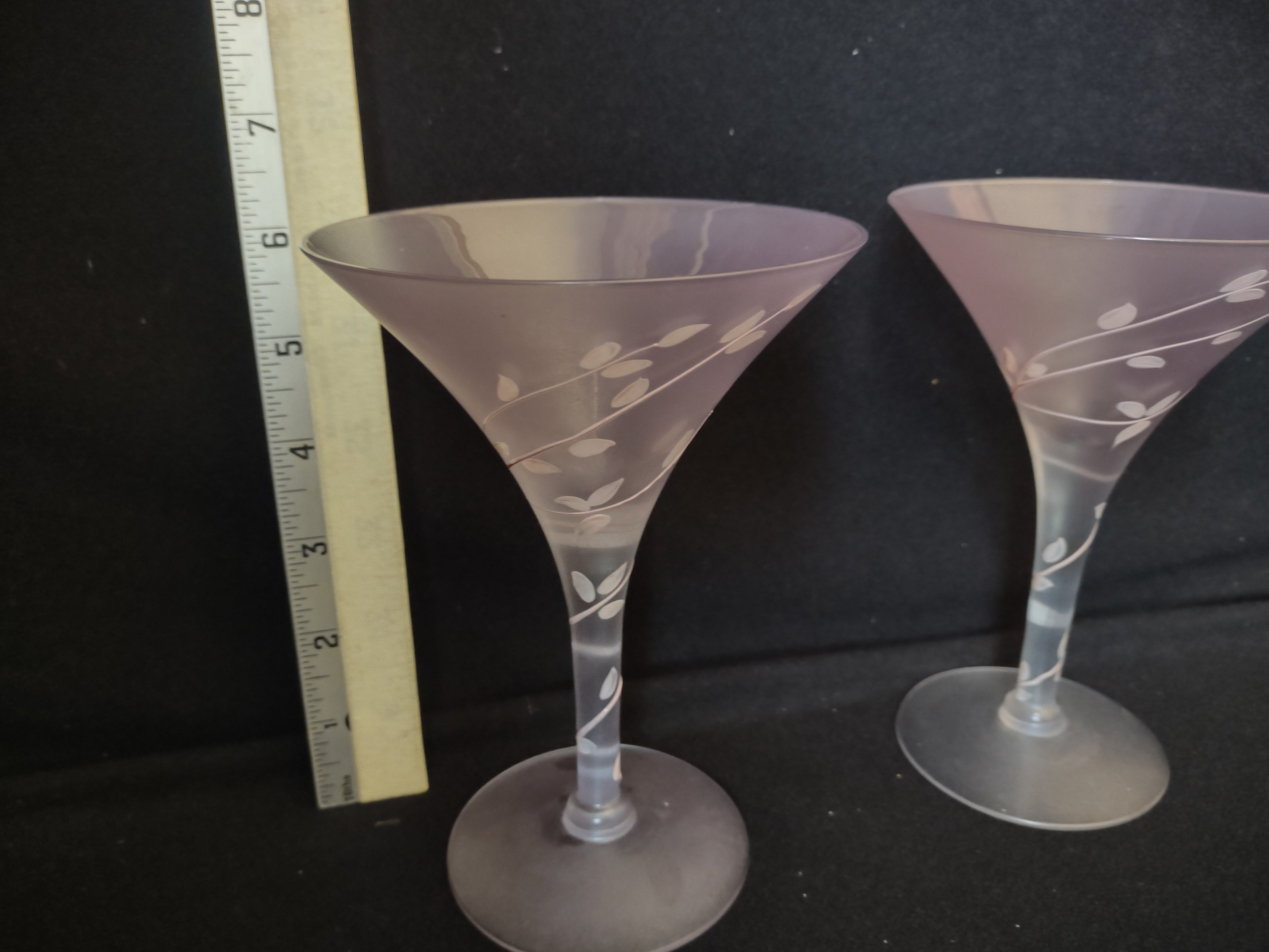 Set of 2 Vintage MCM Frosted Martini Glass Pink Leaves Handpainted (lot 2738)