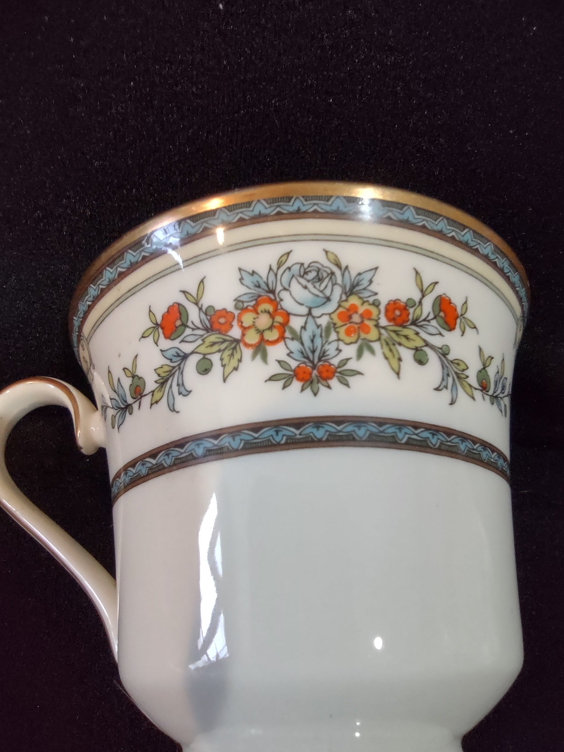 Vintage Minton Stanwood Teacup Saucer Bone China Blue Orange Green (Lot 5503)