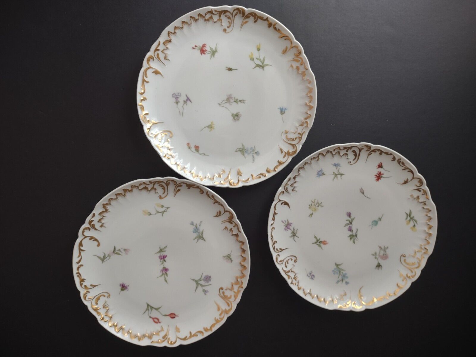 Set 3 JP France Plate Relief Molded Scrollwork Guild Gold Edge Luncheon (lot 358