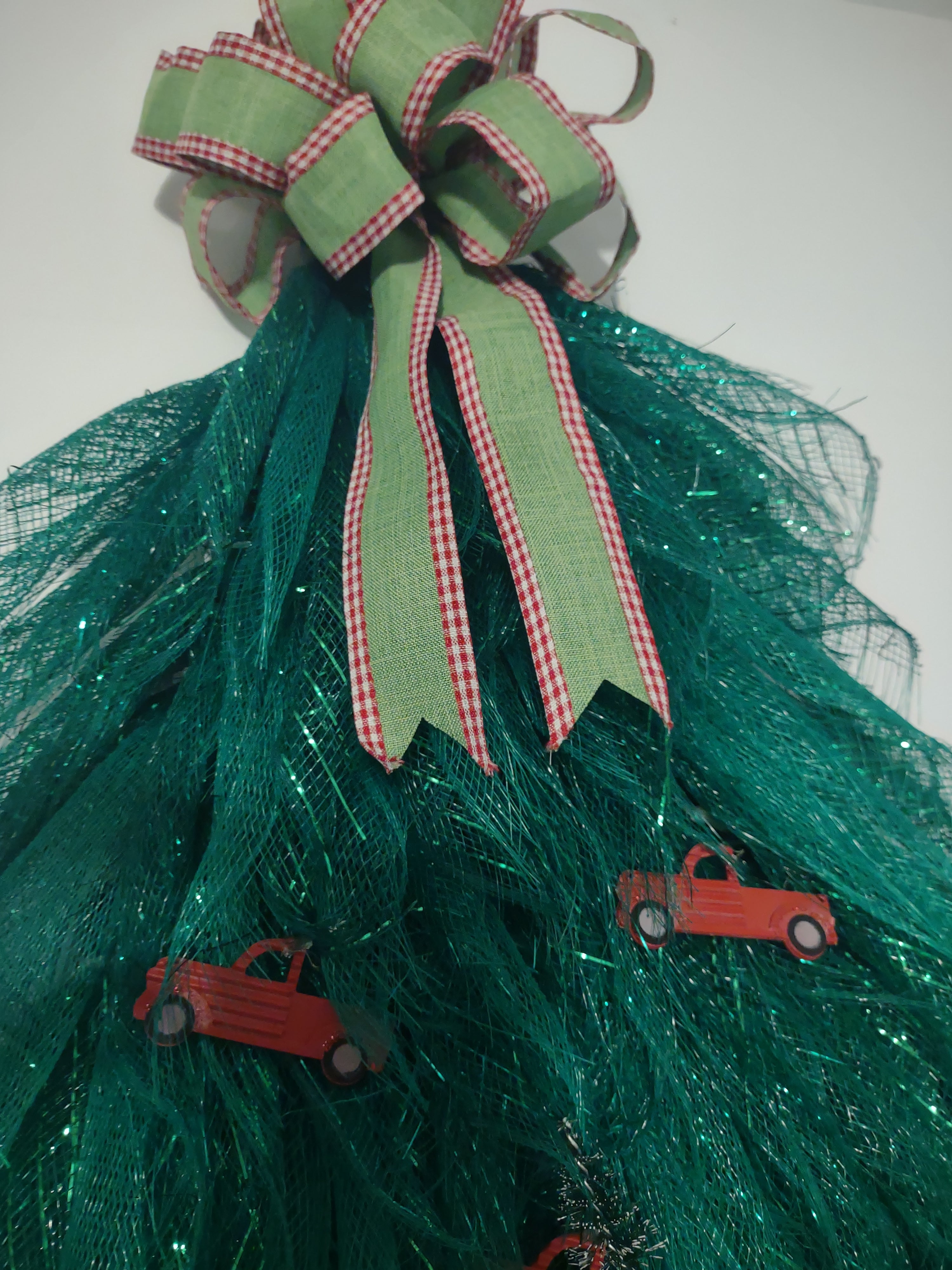 Handmade Ribbon Green Christmas Tree w/ Red Truck Flat Hang on Wall 24" lot 1296