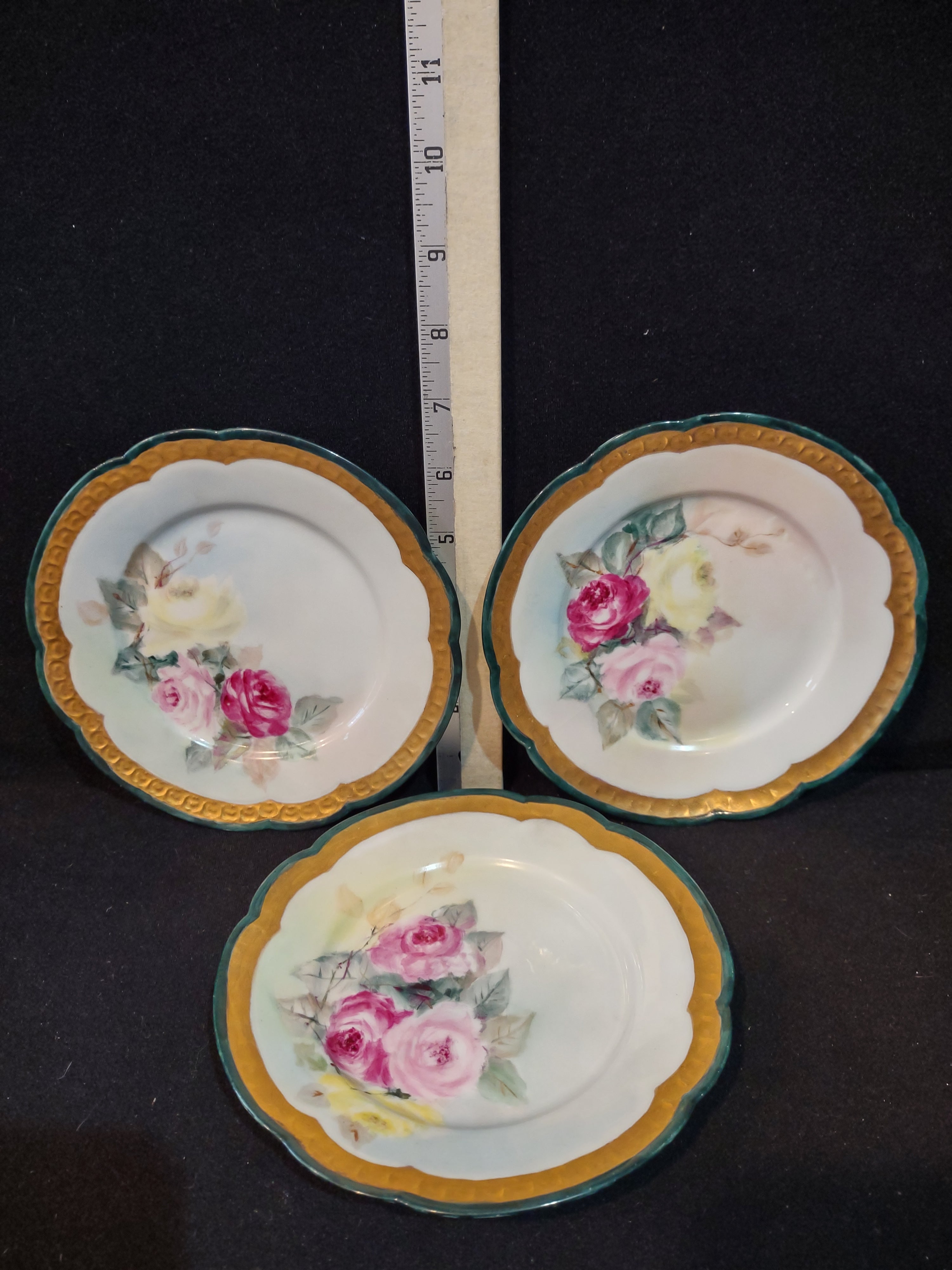 Vintage German Carmen Porcelain Plate Pink Roses Gilded Gold Rim X 3 (Lot 5350)