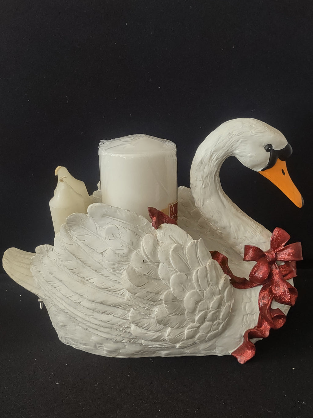 Vintage Musical Swan 3 Candle Holder Red Ribbon Bow (Lot 3573)