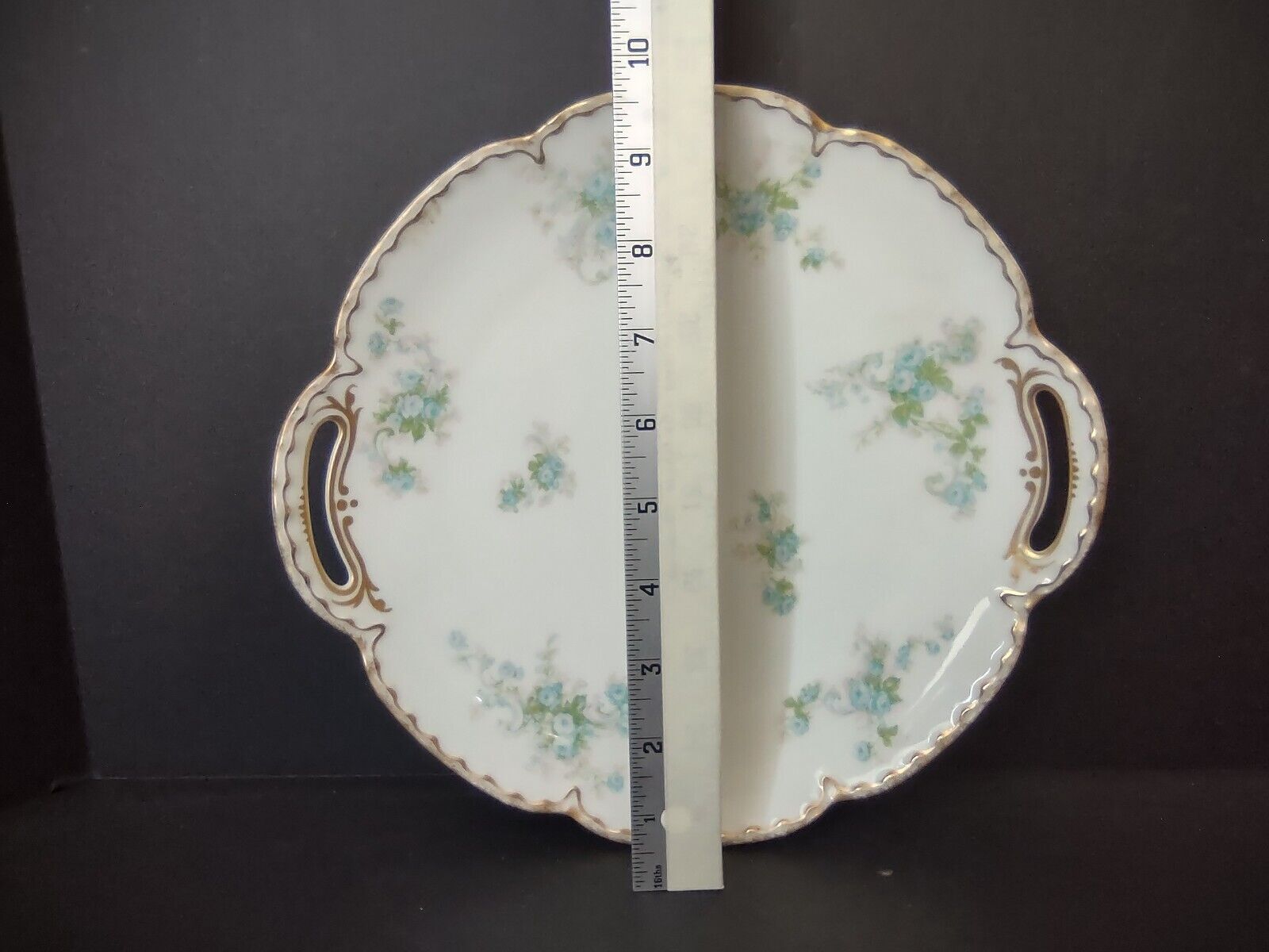 Vintage Haviland Limoges France Cake Serving Plate Blue Rose Gold Trim (lot 503)