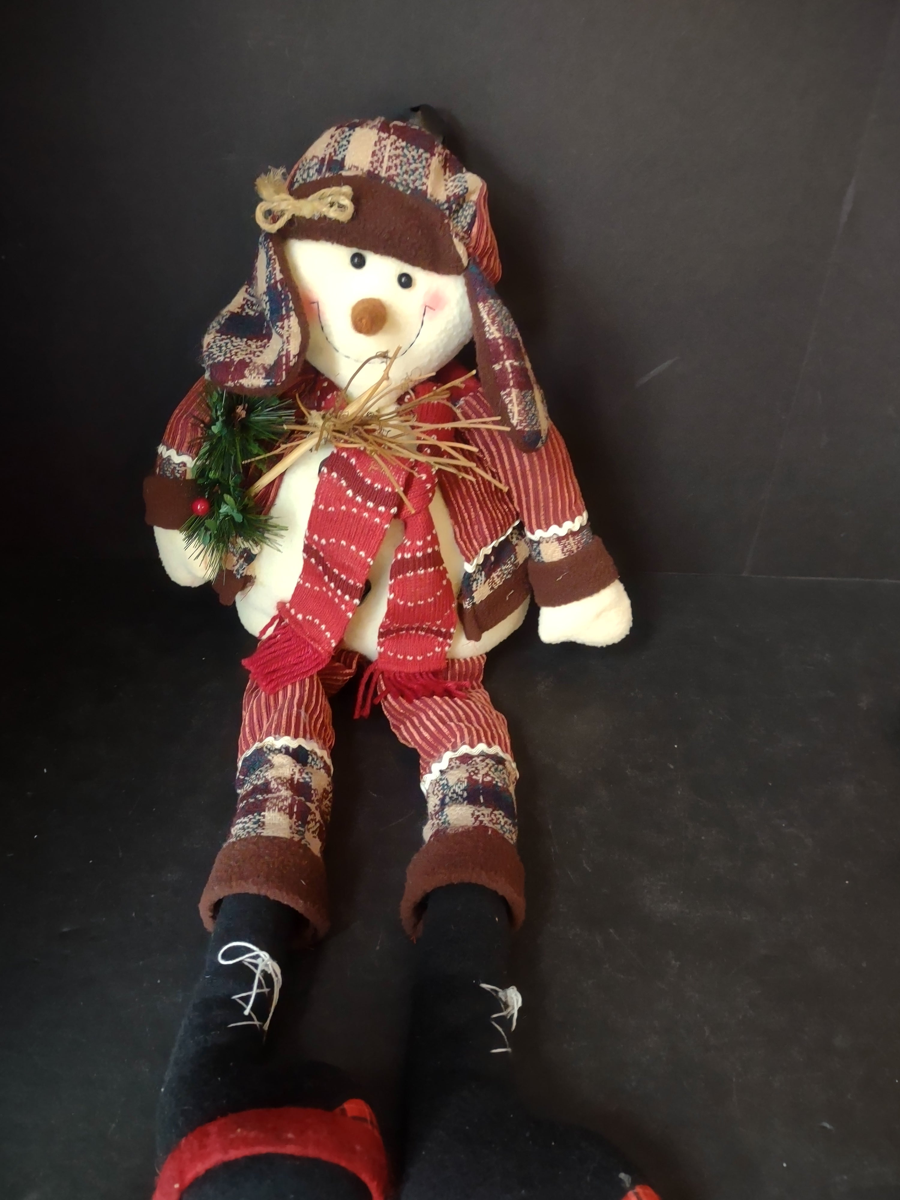 Christmas Primitive Shelf Sitting Snowman with Bells 12" Tall Sitting (lot 3362)