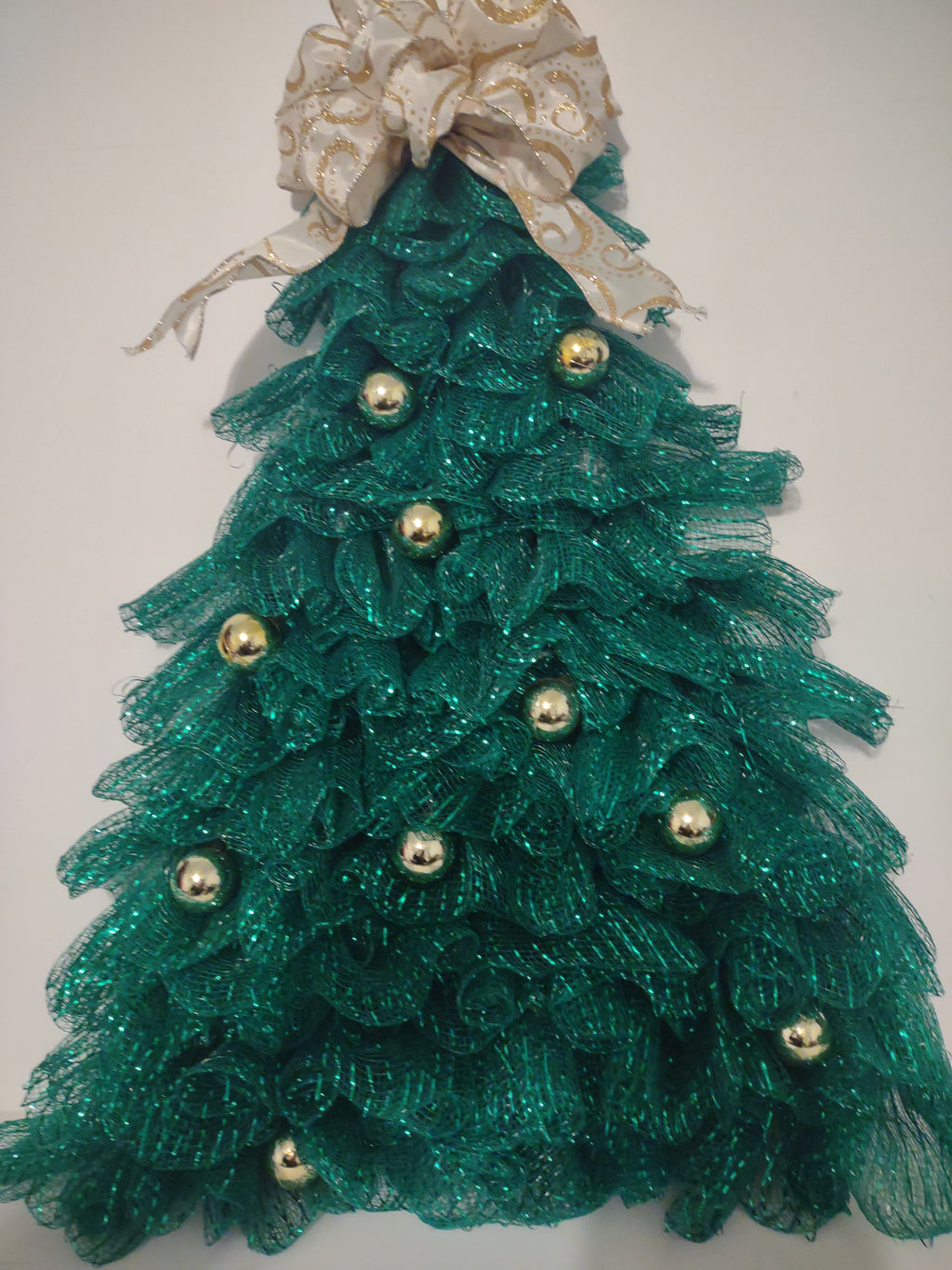 Handmade Ribbon Green Christmas Tree w/ Ornaments Flat Hang on Wall 22" (lot 1295)