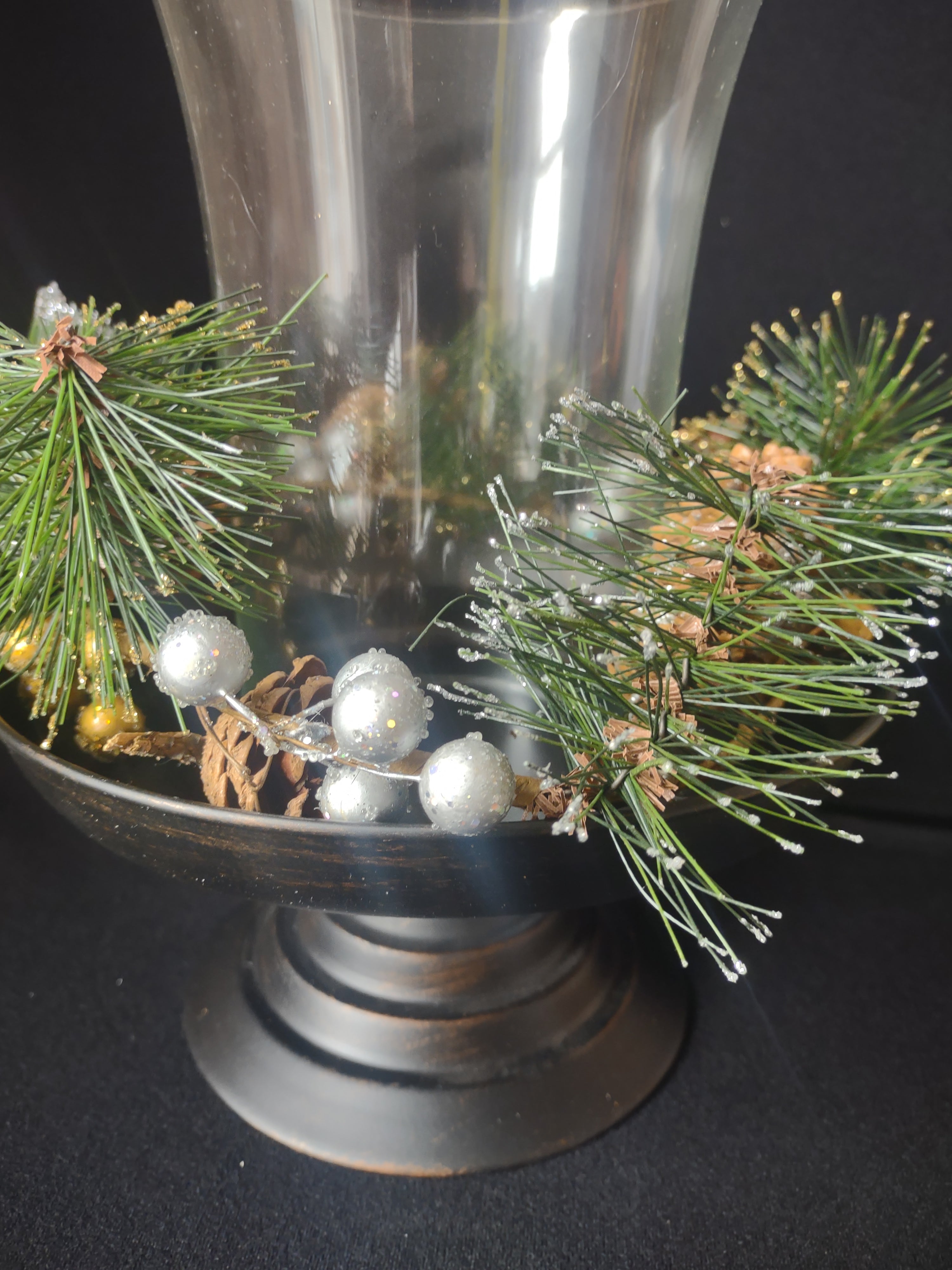 Berries & Pinecones 3 Piece Pedestal Hurricane Christmas Centerpiece (lot 2281)