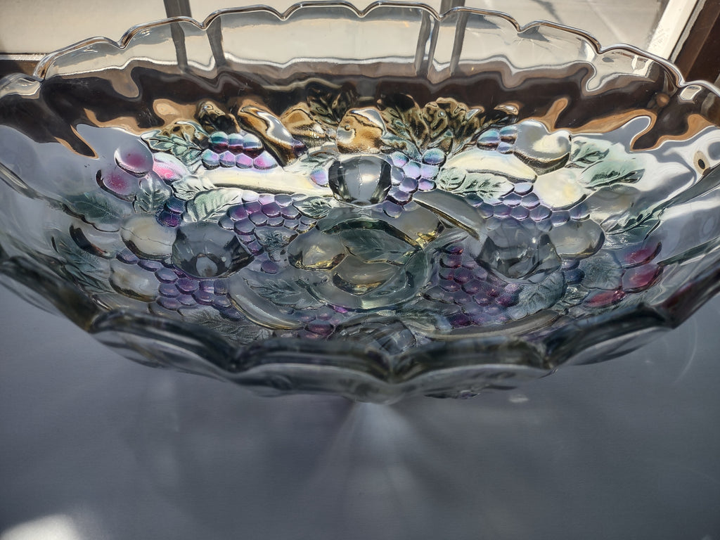 Vintage Indiana Glass Clear Iridescent Grape Design Large Footed Bowl (lot 2690c