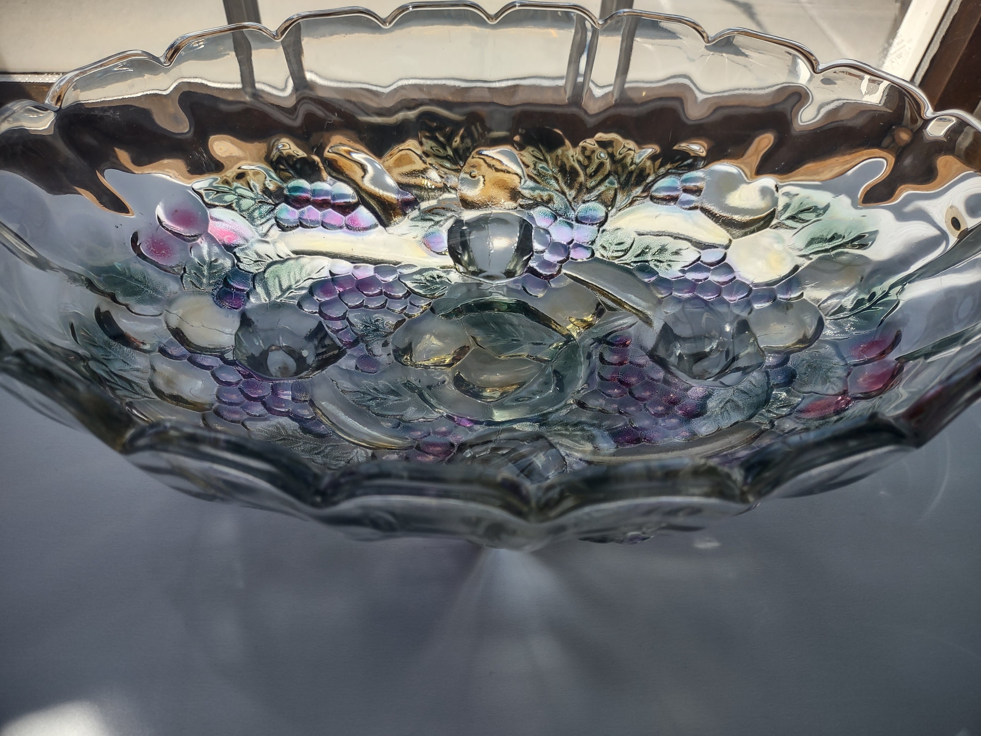 Vintage Indiana Glass Clear Iridescent Grape Design Large Footed Bowl (lot 2690c