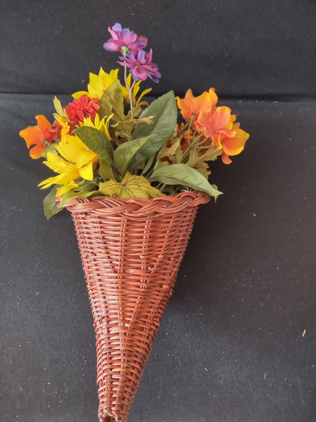 Thanksgiving/Fall Wicker Cornucopia With Artificial Flowers (Lot 3367)