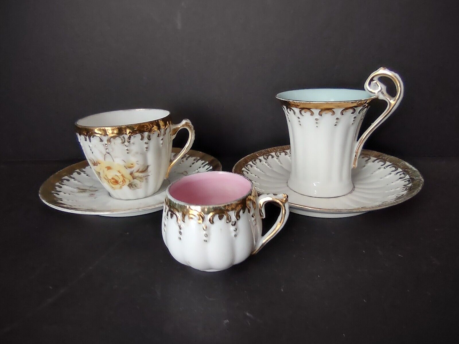 3 x Vintage Demitasse Cup Pink Blue Gold Scroll Trim (lot 518)