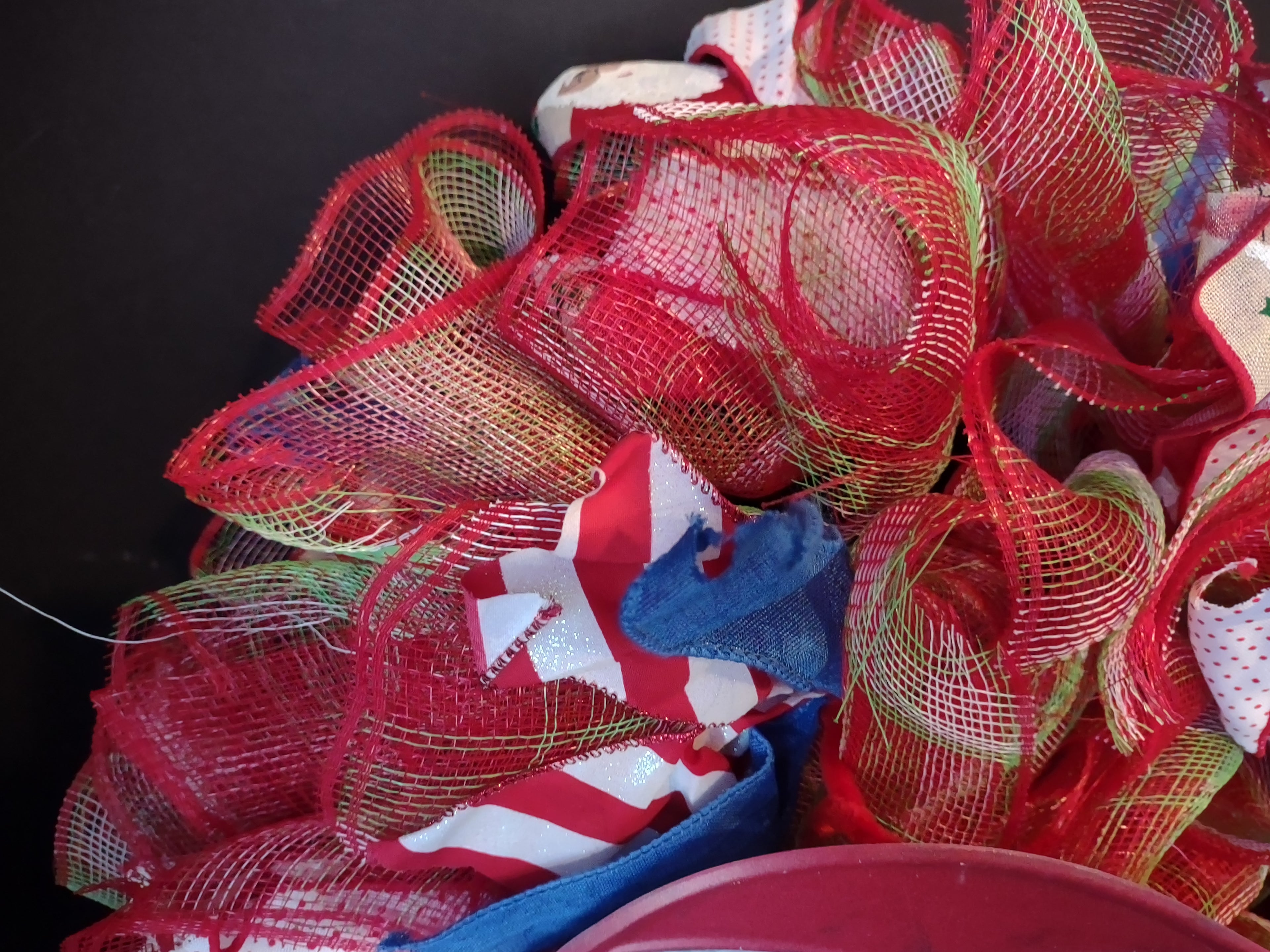 Handmade Christmas Wreath Sparkly Red White Blue Ribbon 22" Santa Merry lot 1294