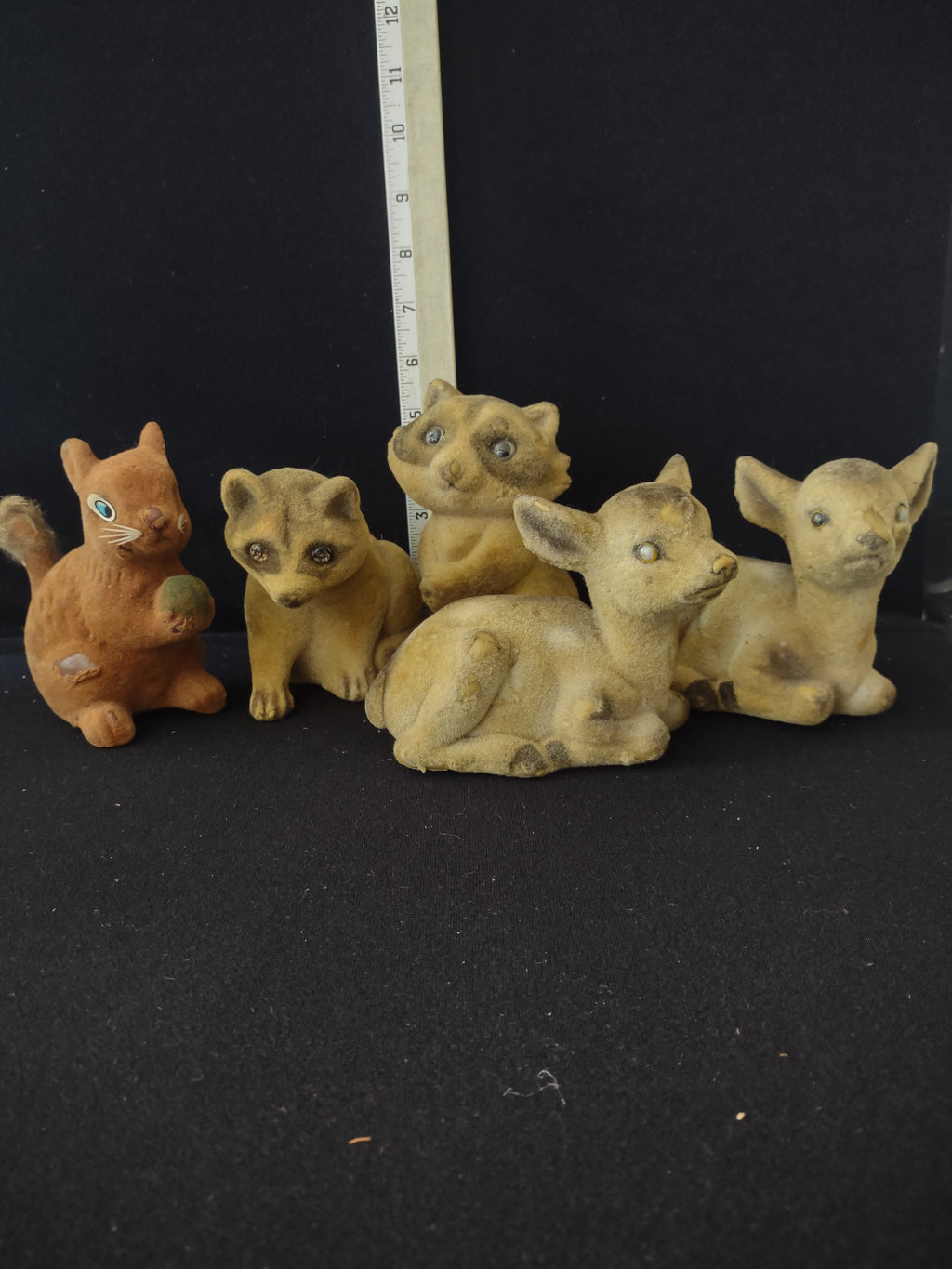 Vintage Flocked Racoon Deer Squirrel Figurines IMPERFECT (lot 3036)