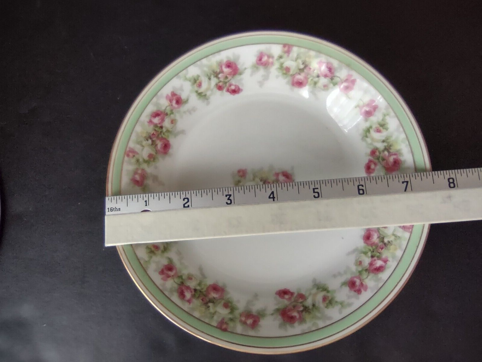 Coronet Limoges France 2 x Soup Plate Mint Band Gold Trim Pink Rose (lot 551)