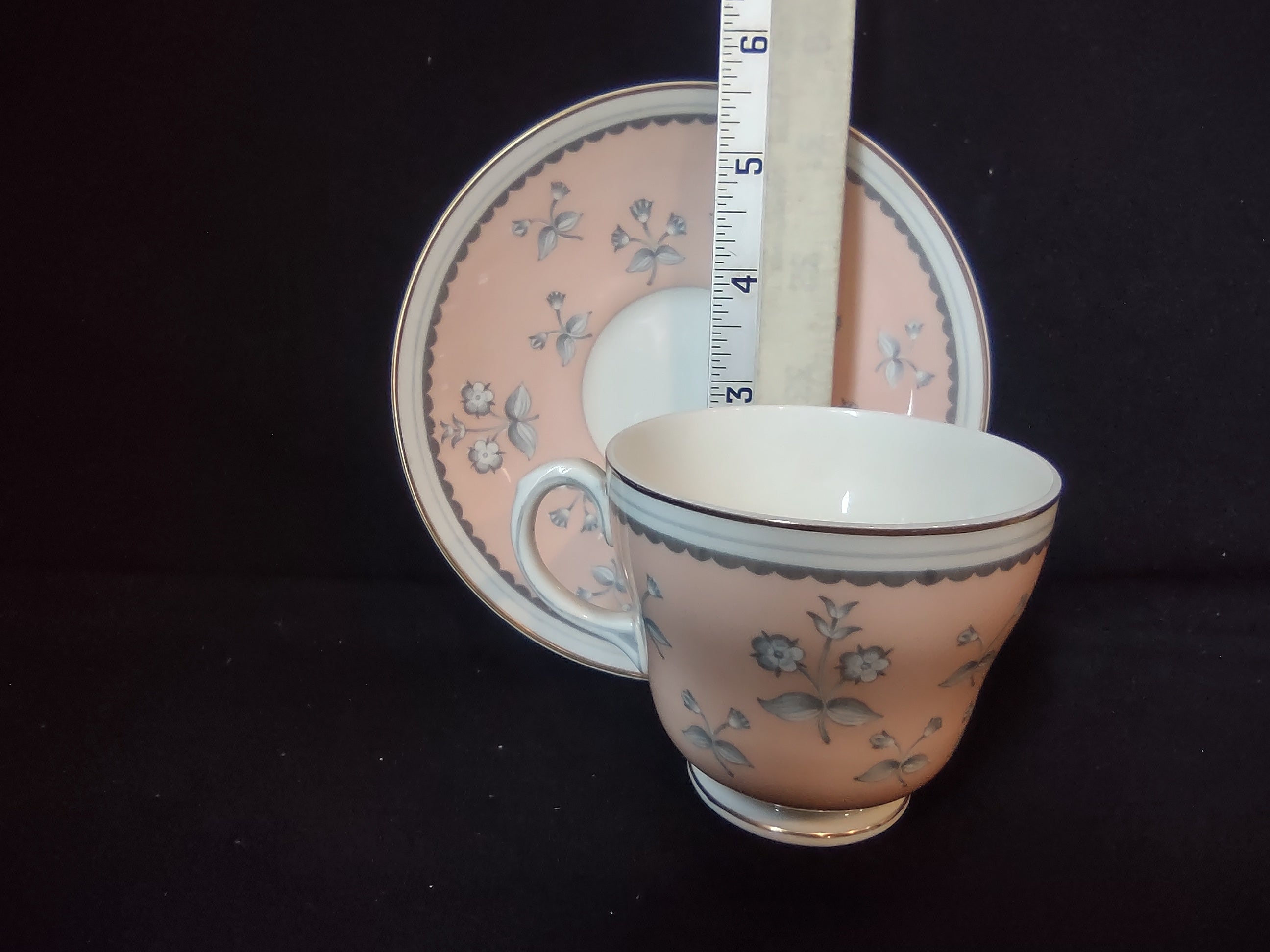 Wedgwood Pimpernel Pink Teacup and Saucer Green Stamp (lot 2765)