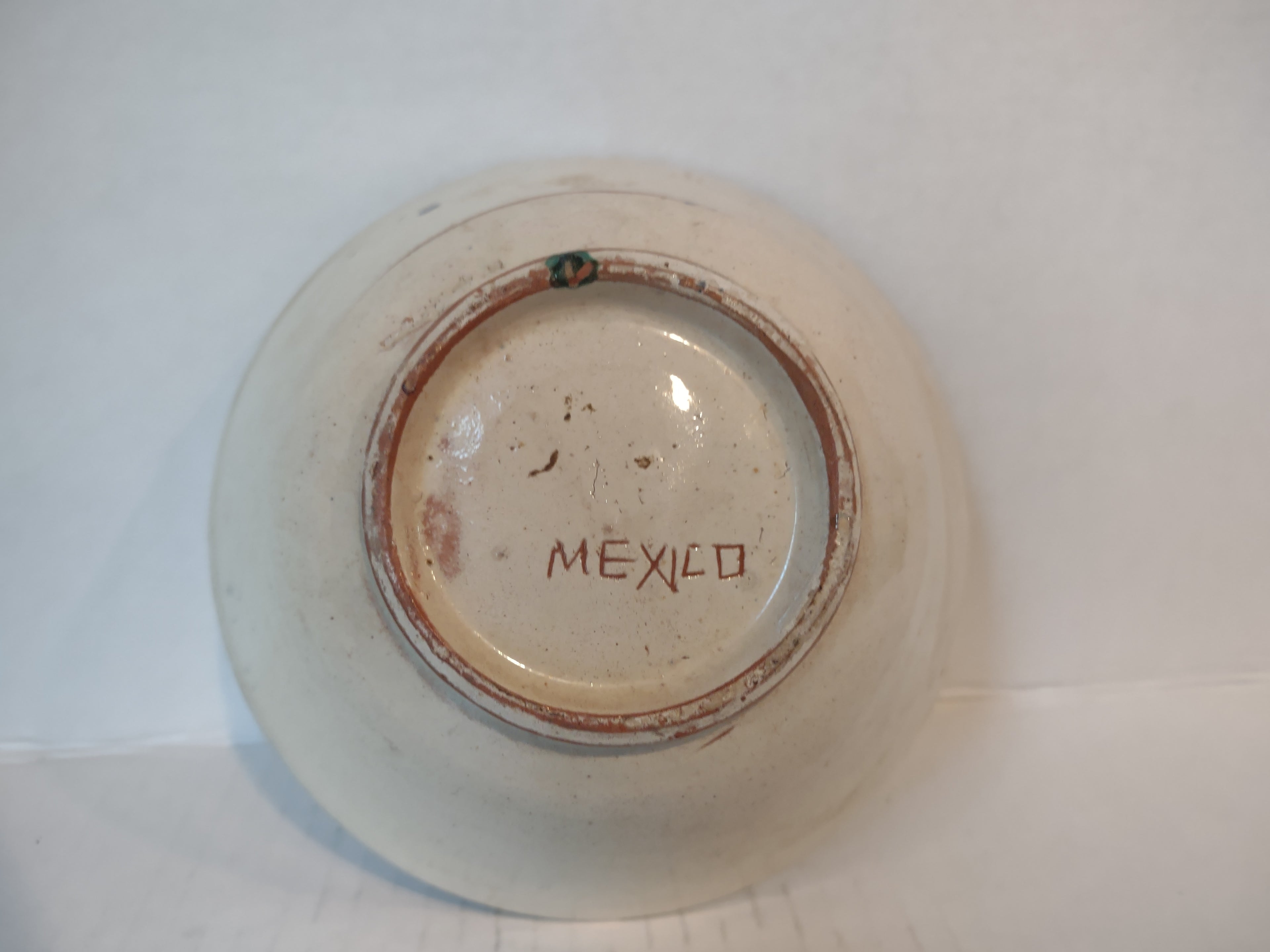 Vintage Stoneware Mexico Small Bowl Green Cobalt Blue Green Bird (lot 5341)