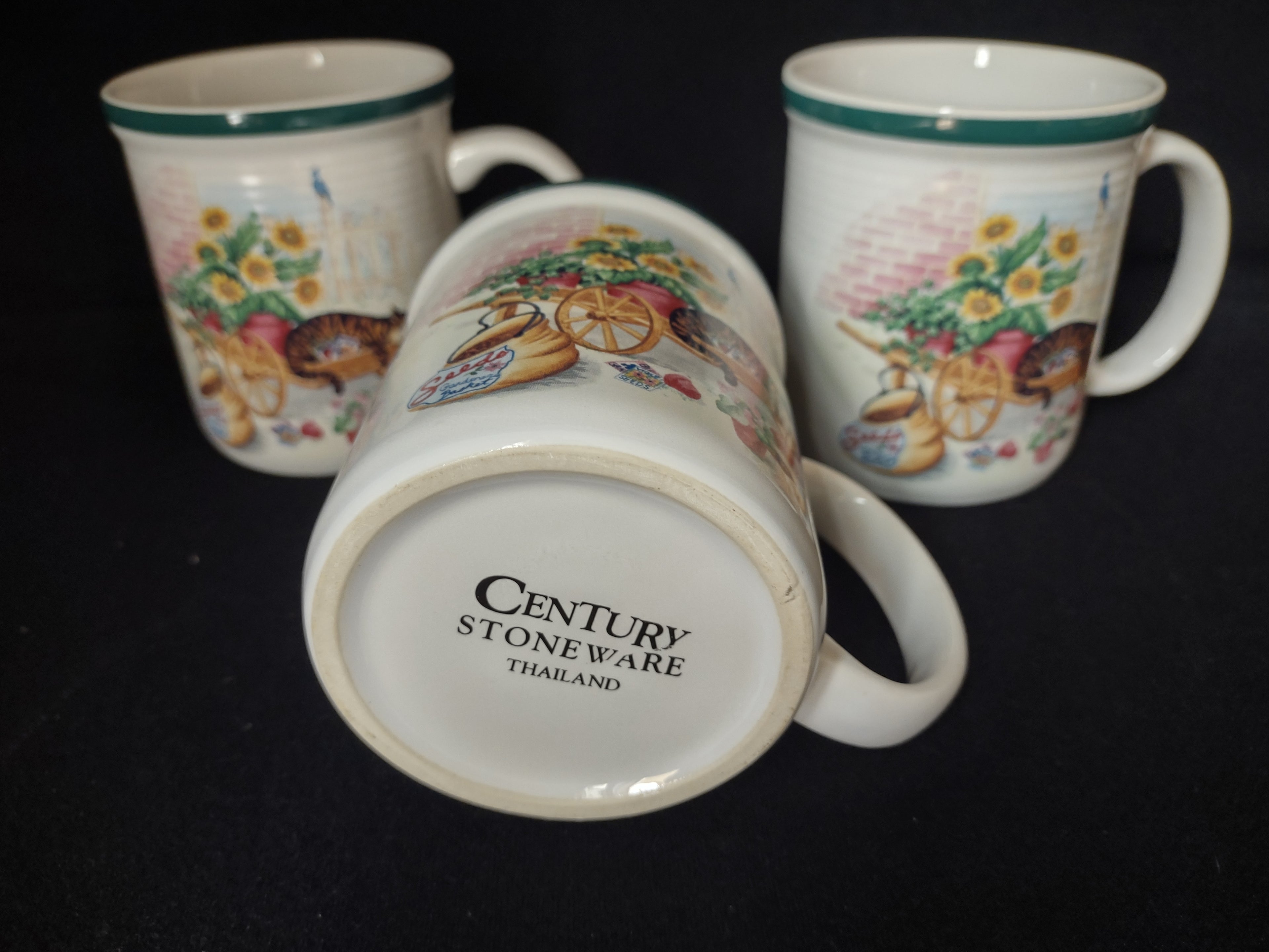 Cat Nap Country Green Band Cup Mug x 3 Stoneware Thailand (lot 2855c)