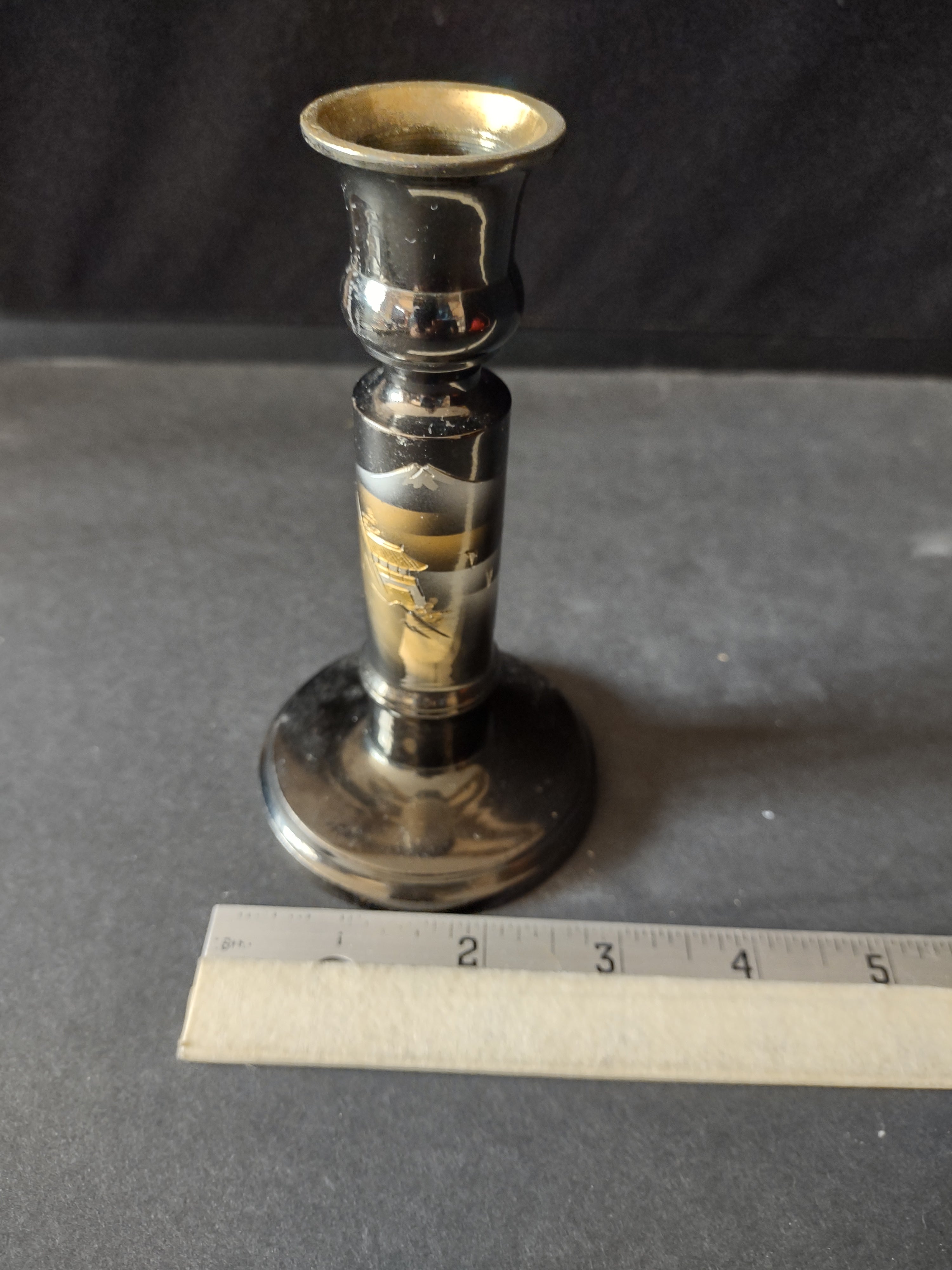 Vintage Japanese Etched Lacquered Metal Candlestick Gold Silver Pagoda (Lot 5317