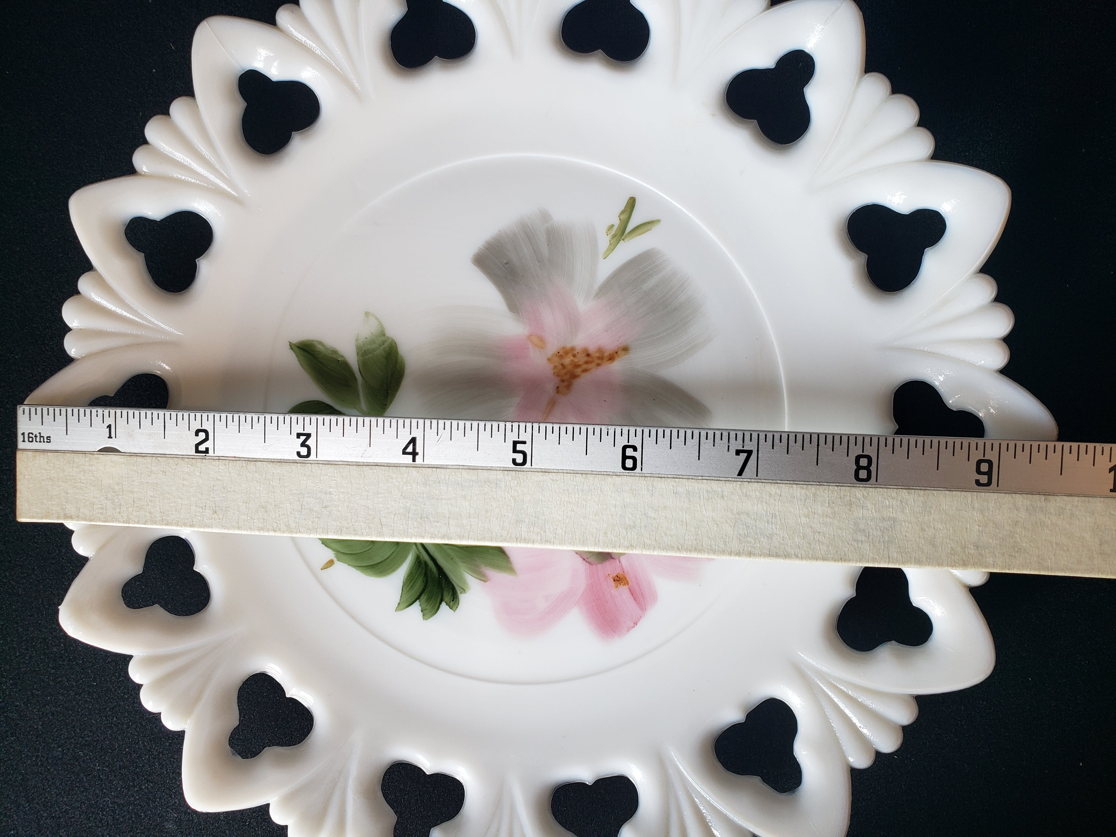 Vintage Kemple Pink Flower Motif Milk Glass Wall Plate (lot 2191)