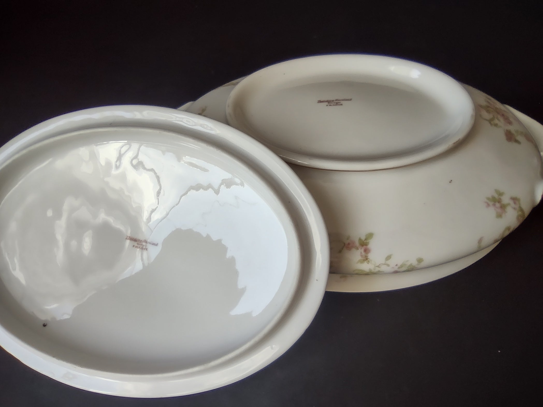 Haviland Limoges Oval Vegetable Tureen Pink Rose Green Ribbon (lot 887)