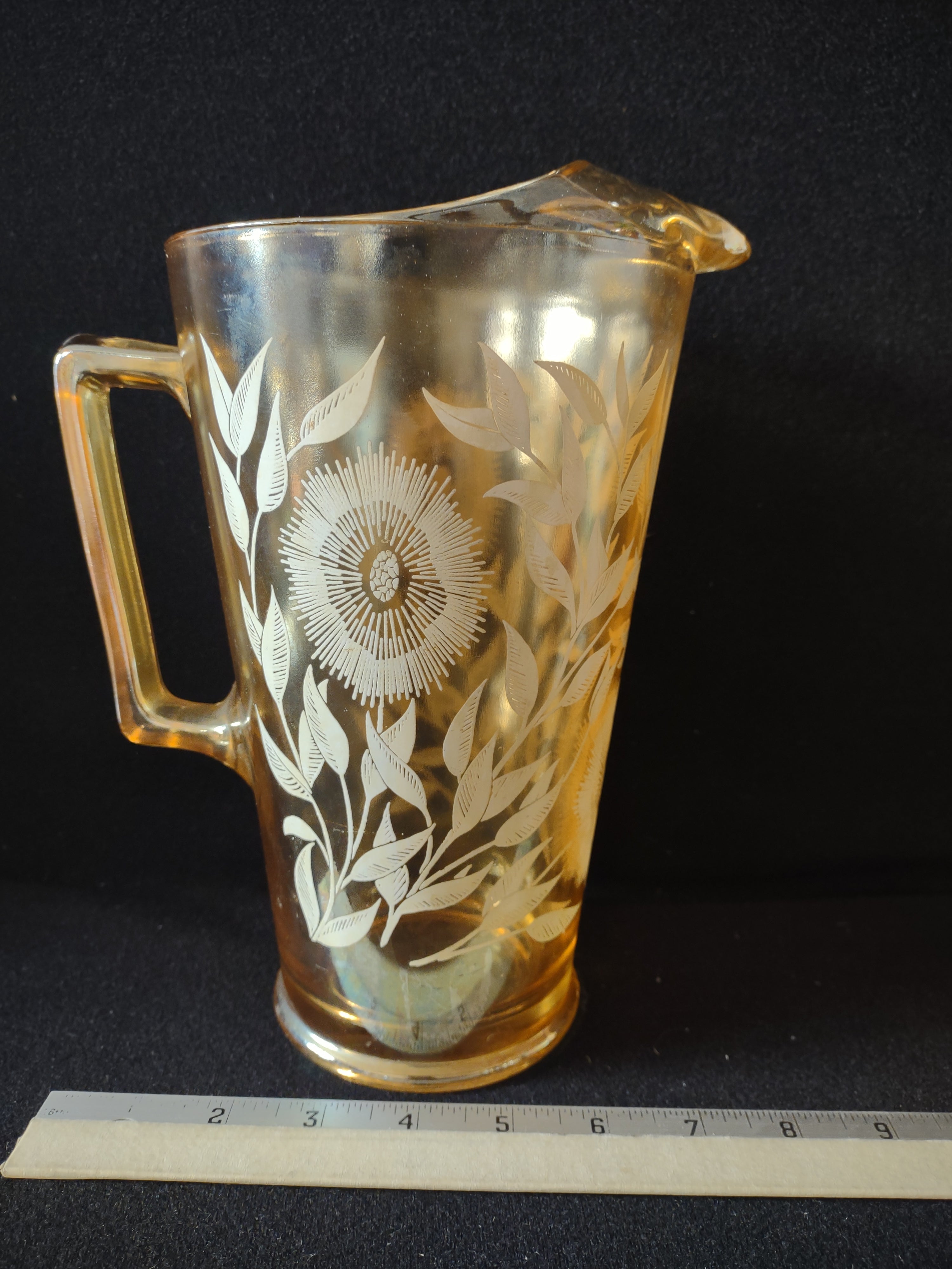 Vintage Jeannette Marigold Carnival Glass Pitcher Amber White Floral (Lot 5124)