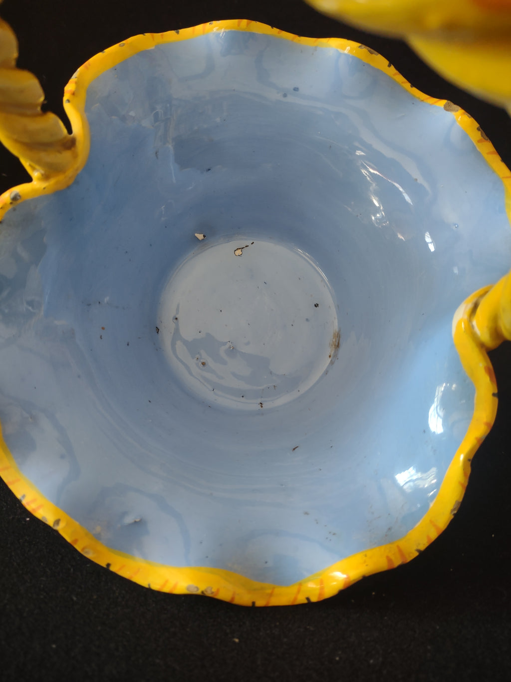 Vintage Ceramic Basket Blue Yellow Fruit Italy IMPERFECT (lot 5524)