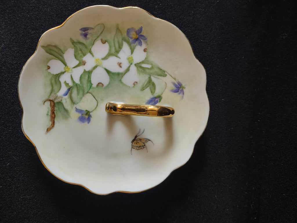 Vintage Lemon Server Gold Handle Flowers Butterfly Hand Painted Sudie (Lot 5093)