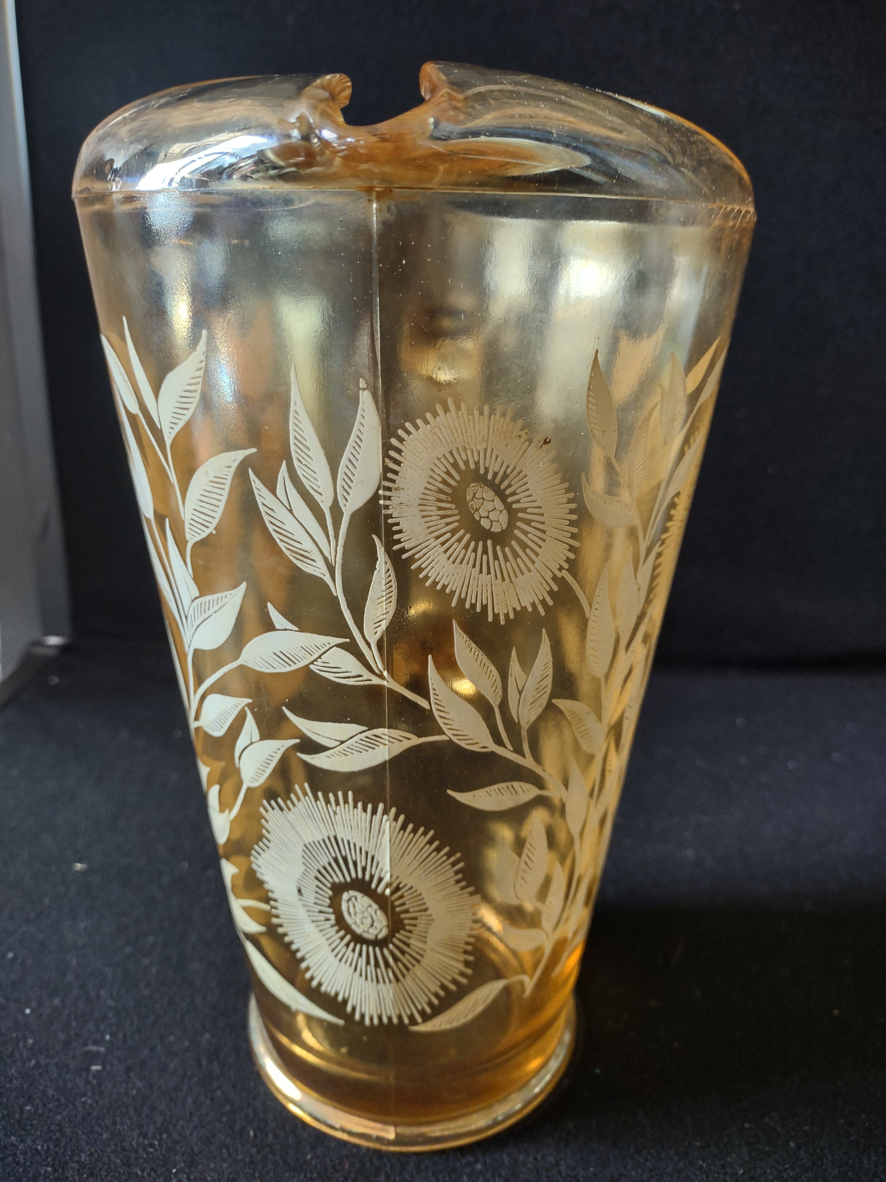 Vintage Jeannette Marigold Carnival Glass Pitcher Amber White Floral (Lot 5124)
