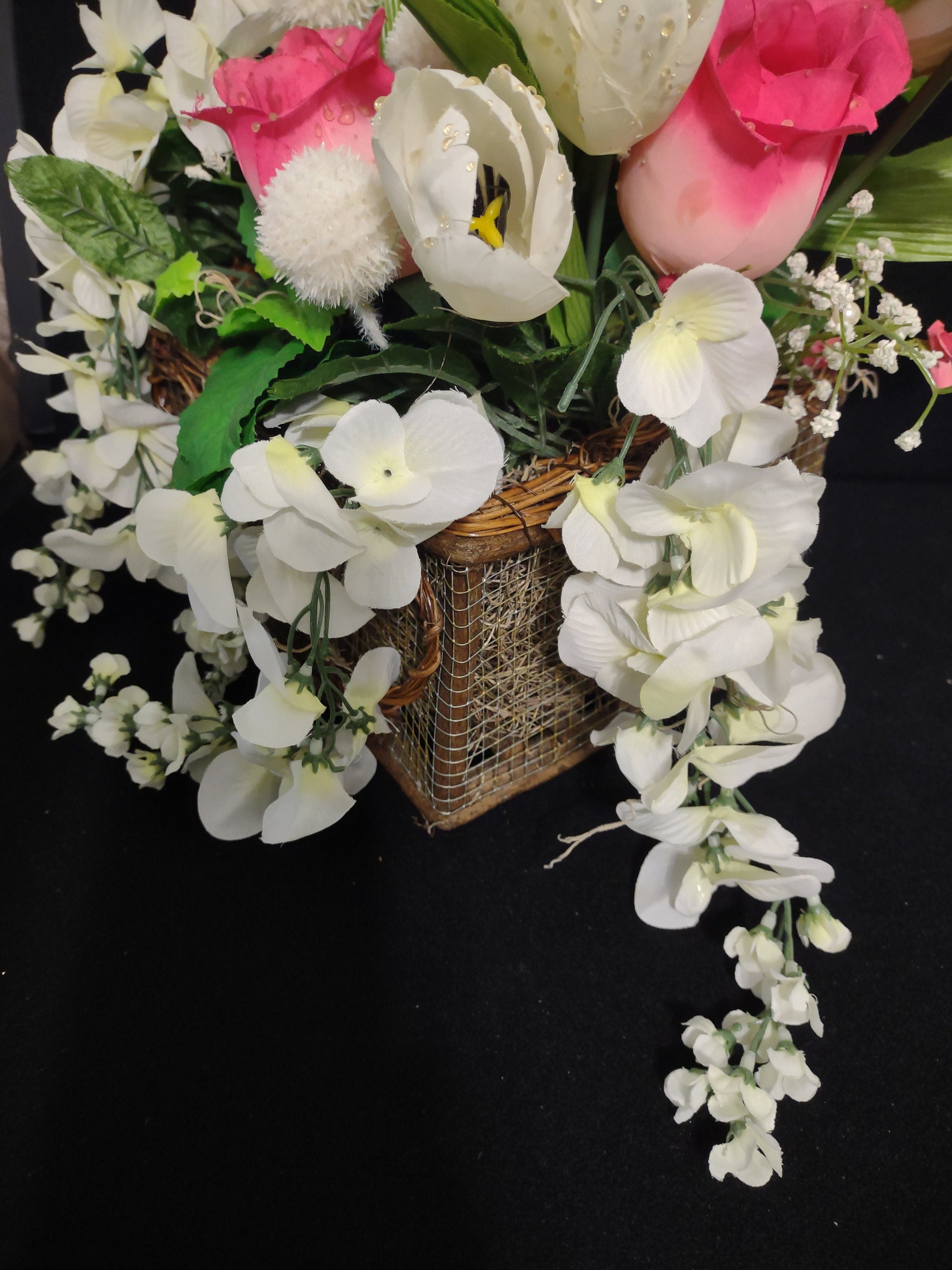 Basket Artificial Flowers Pink White Rose Centerpiece Mothers Day (lot 2661)