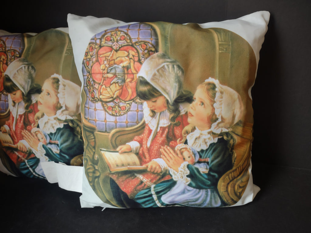 Christmas 14 x 14 Throw Pillow Girls Praying Sandra Kuck Print x 2 (Lot 4569)