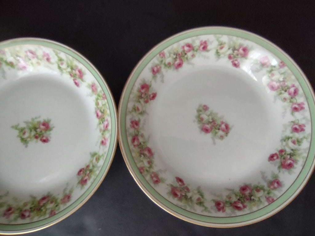 Coronet Limoges France 2 x Soup Plate Mint Band Gold Trim Pink Rose (lot 551)