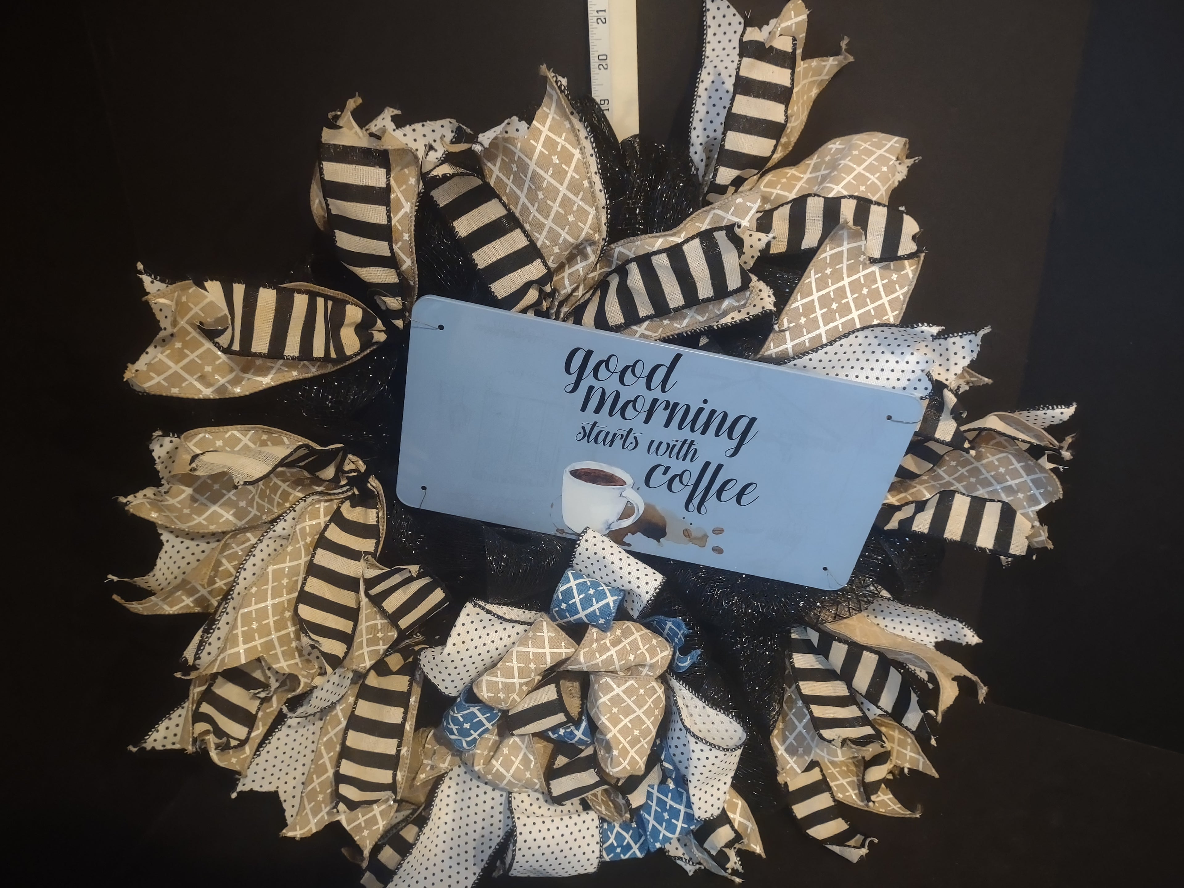 Good Morning Starts with Coffee Wreath Ribbon Mesh Decor Handmade (lot 1408)