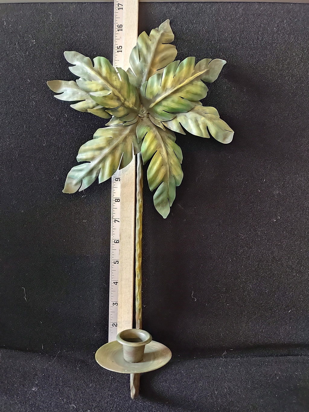 Vintage Metal Palm Tree Wall Sconce Candle Holder Green Patina 17" (Lot 4659)