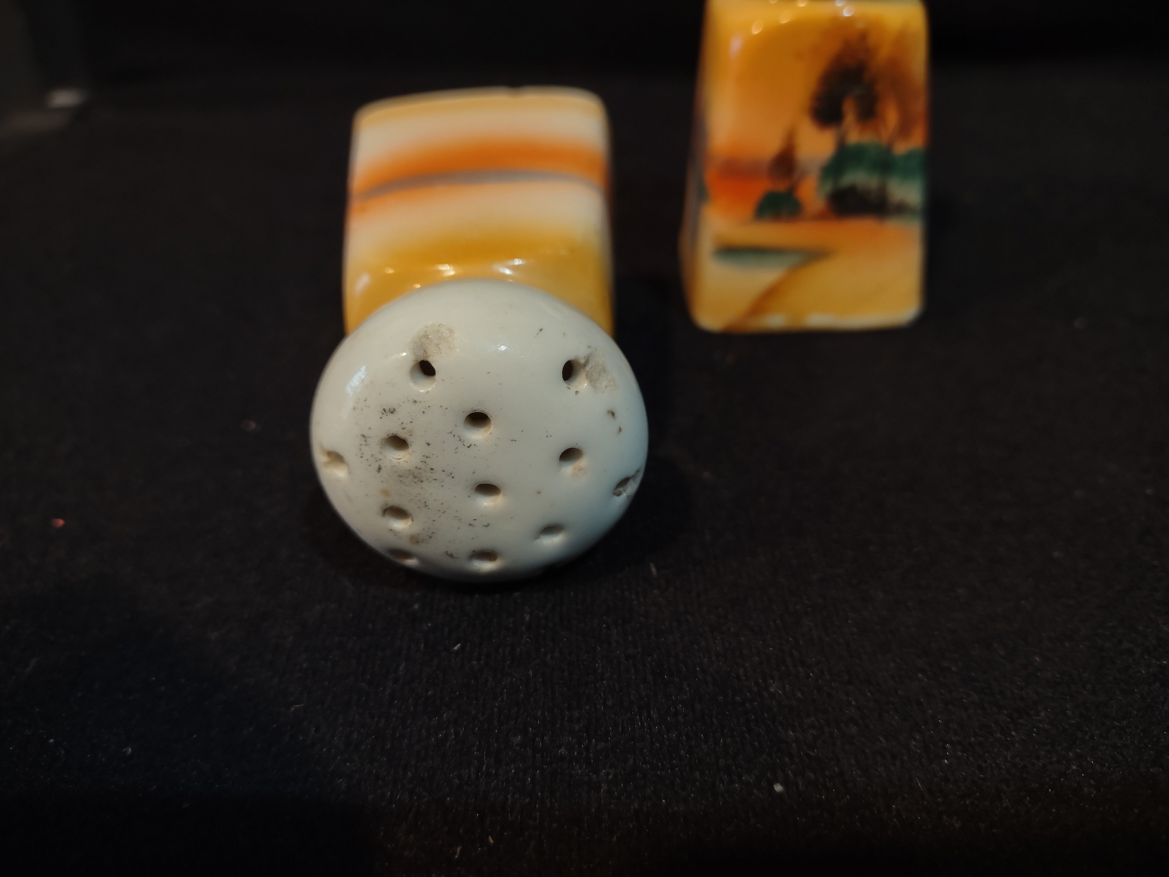 Vintage Japan Ceramic Salt Pepper Shaker Lake Trees Orange IMPERFECT (lot 5371)