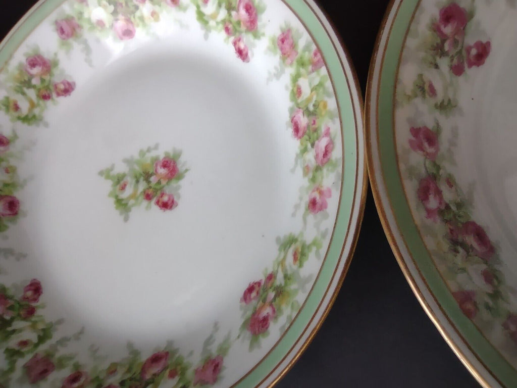 Coronet Limoges France 2 x Soup Plate Mint Band Gold Trim Pink Rose (lot 551)