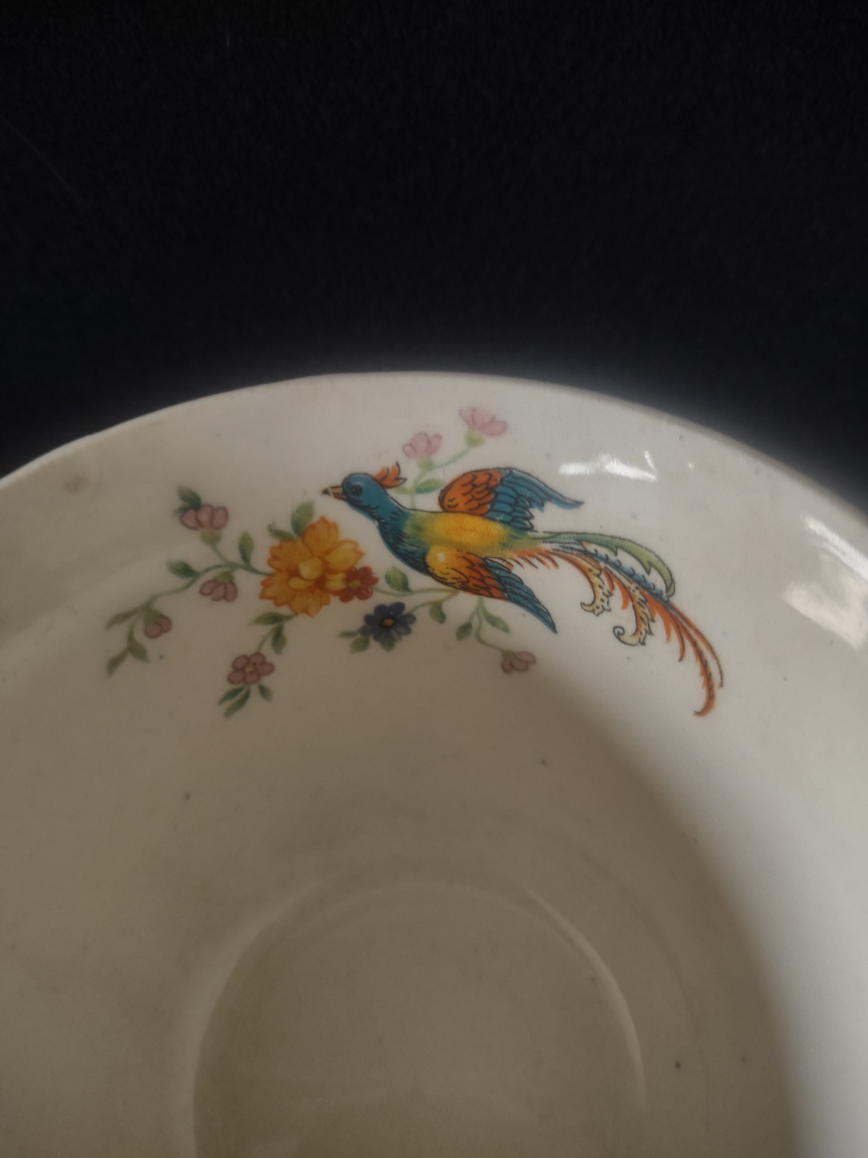 Vintage Teacup Blue White Floral Bird Glaze Blurred Set Of 3 (Lot 5304)