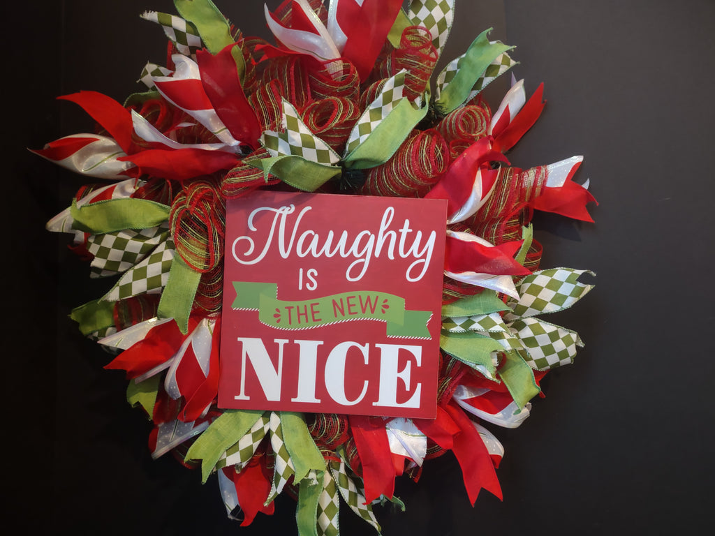 Christmas Naughty is New Nice Mesh Ribbon Wreath Handmade 22" (lot 1398)