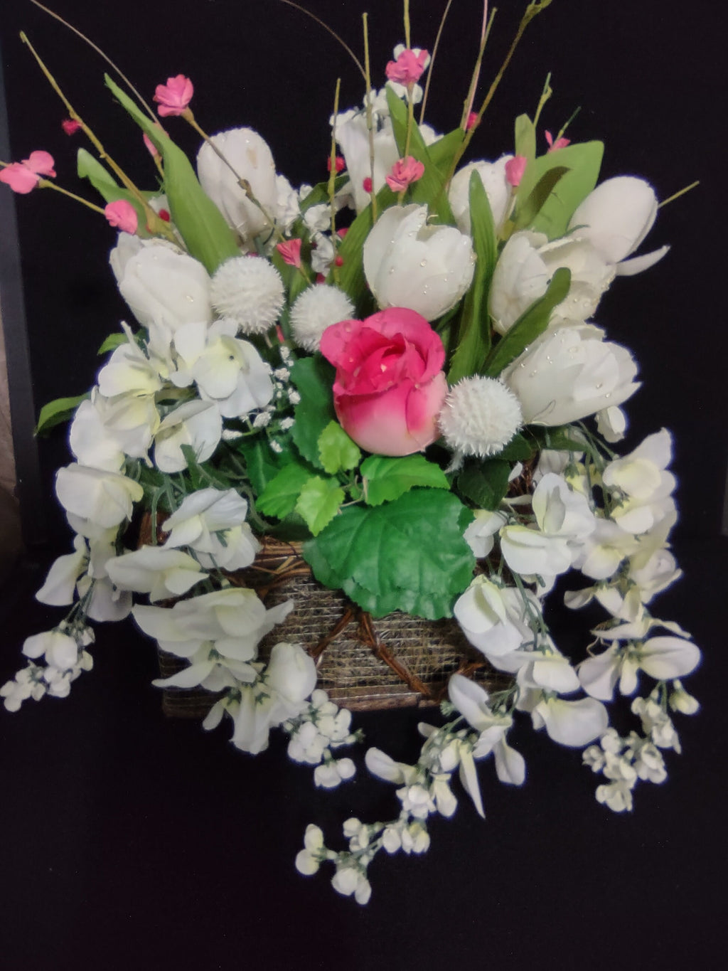 Basket Artificial Flowers Pink White Rose Centerpiece Mothers Day (lot 2661)