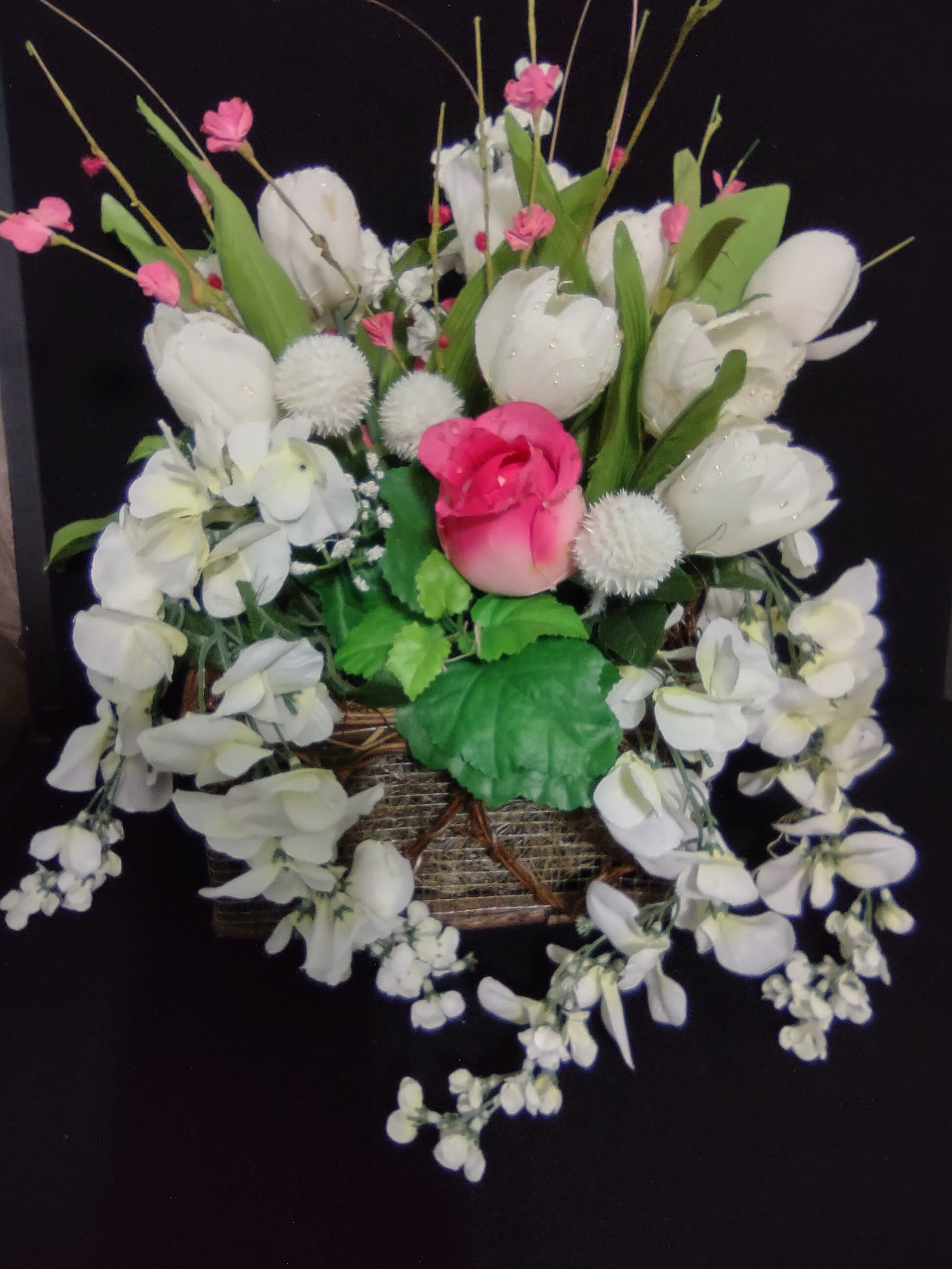 Basket Artificial Flowers Pink White Rose Centerpiece Mothers Day (lot 2661)