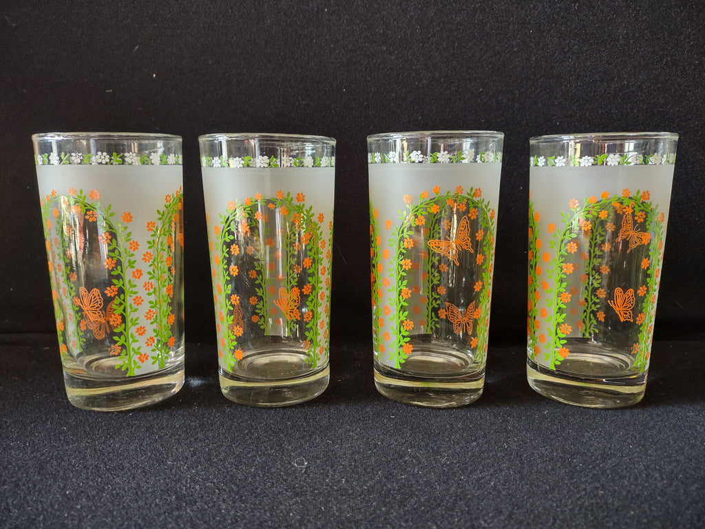 Vintage MCM Libbey Butterfly Tumbler Drinking Glass x 4 (lot 5174)