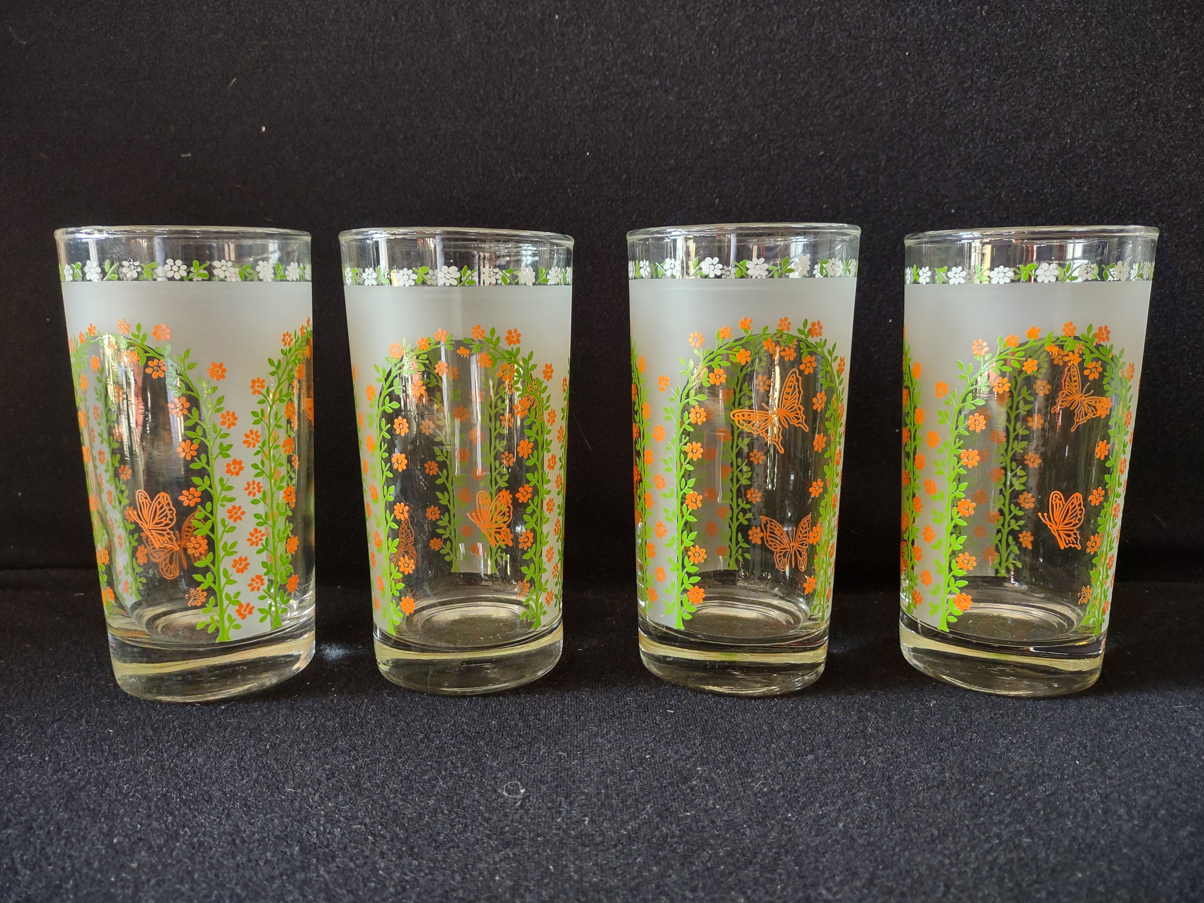 Vintage MCM Libbey Butterfly Tumbler Drinking Glass x 4 (lot 5174)