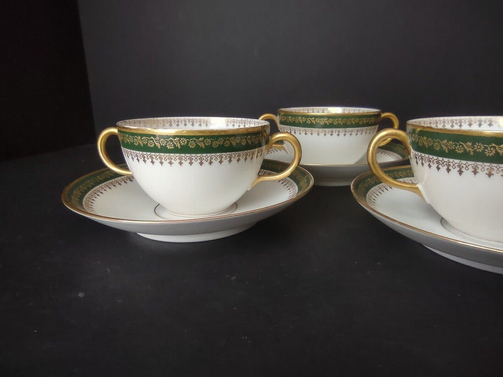 GDA LimogesFrance Gold Trim Green 2 Handle 5 x Bouillion Cup & Saucer (lot 612)
