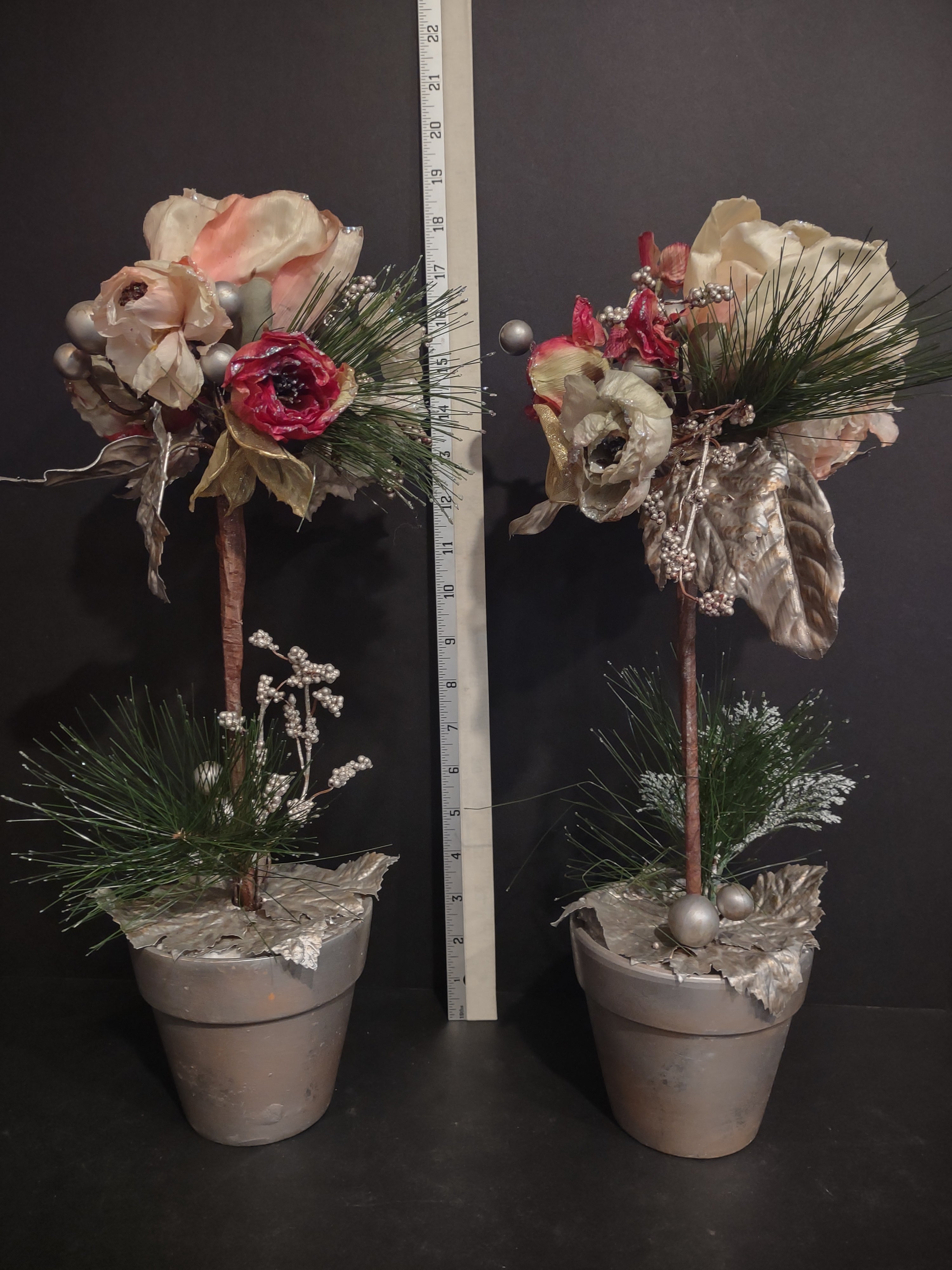 Set of 2 Topiary Holiday Christmas Tree 18" Silver and Pink Iced (lot 1266)