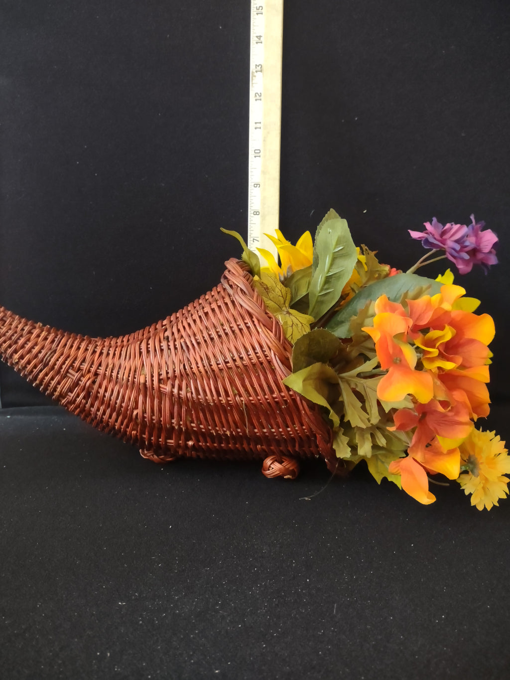 Thanksgiving/Fall Wicker Cornucopia With Artificial Flowers (Lot 3367)