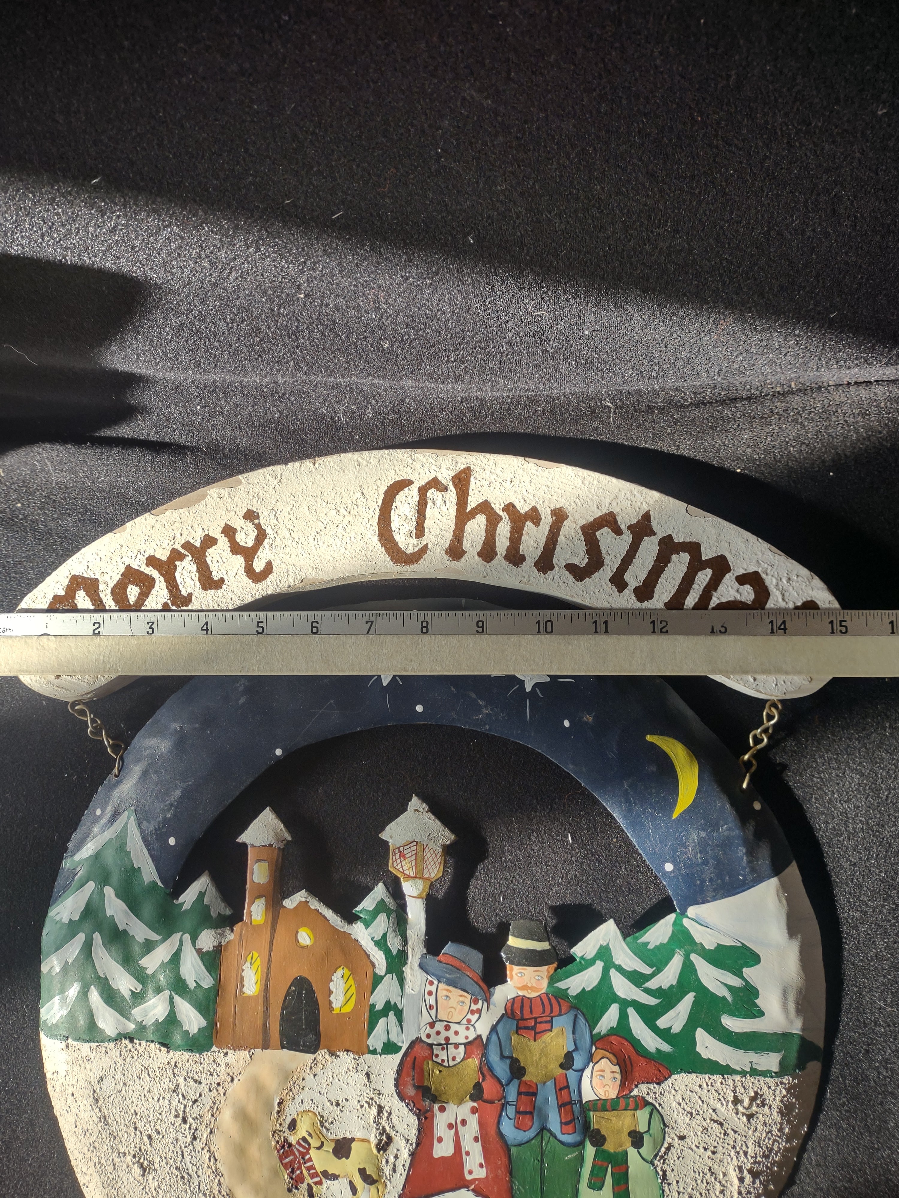 Rustic Christmas Metal Hanging Carolers Church Wooden Greeting 17x15 (Lot 4663)