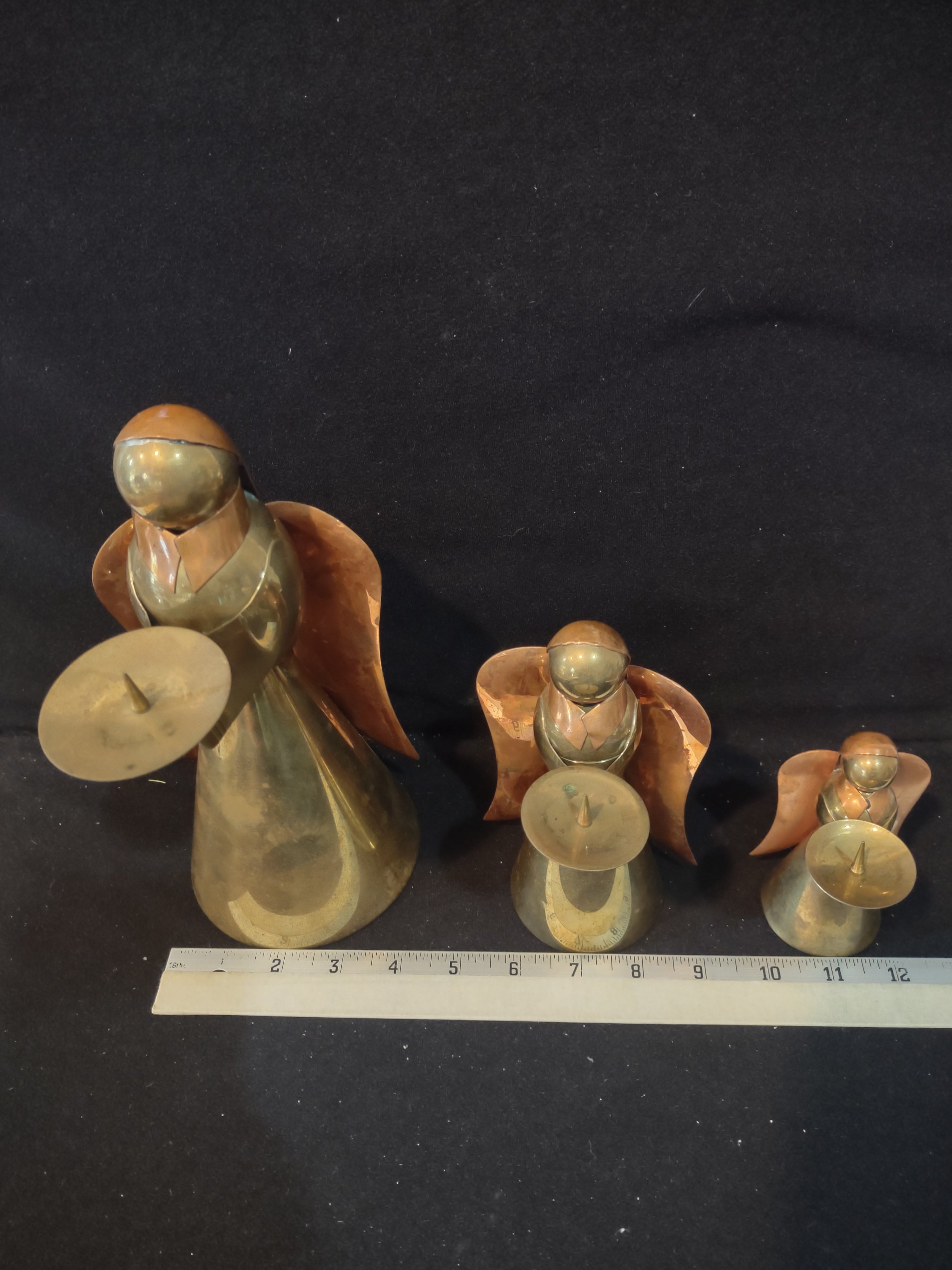 Vintage Christmas Brass Copper Angel Figurine Candle Holders Set Of 3 (Lot 4001)