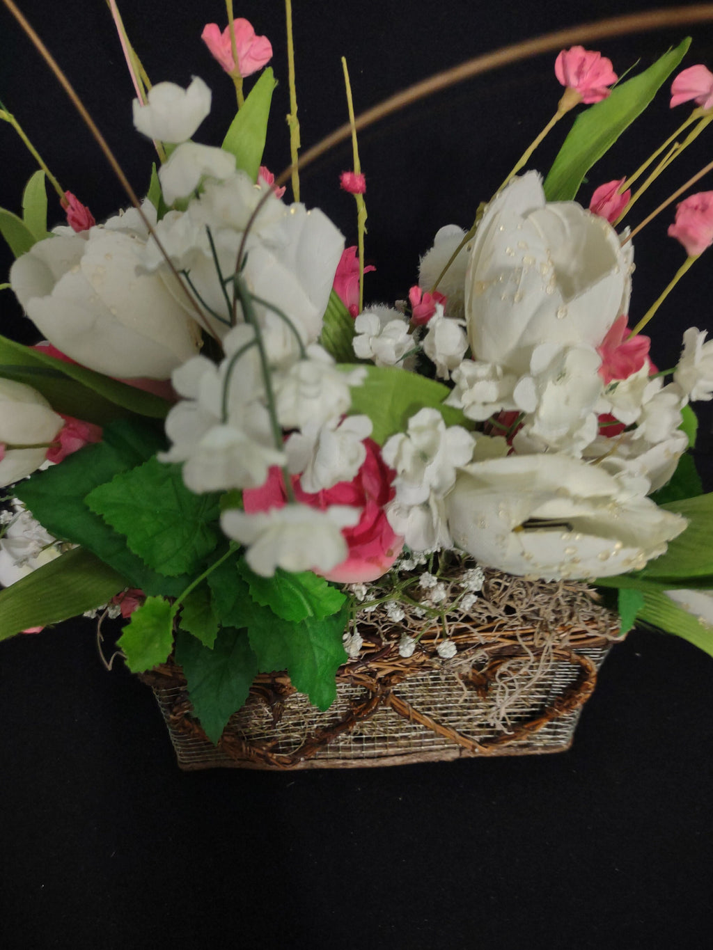 Basket Artificial Flowers Pink White Rose Centerpiece Mothers Day (lot 2661)