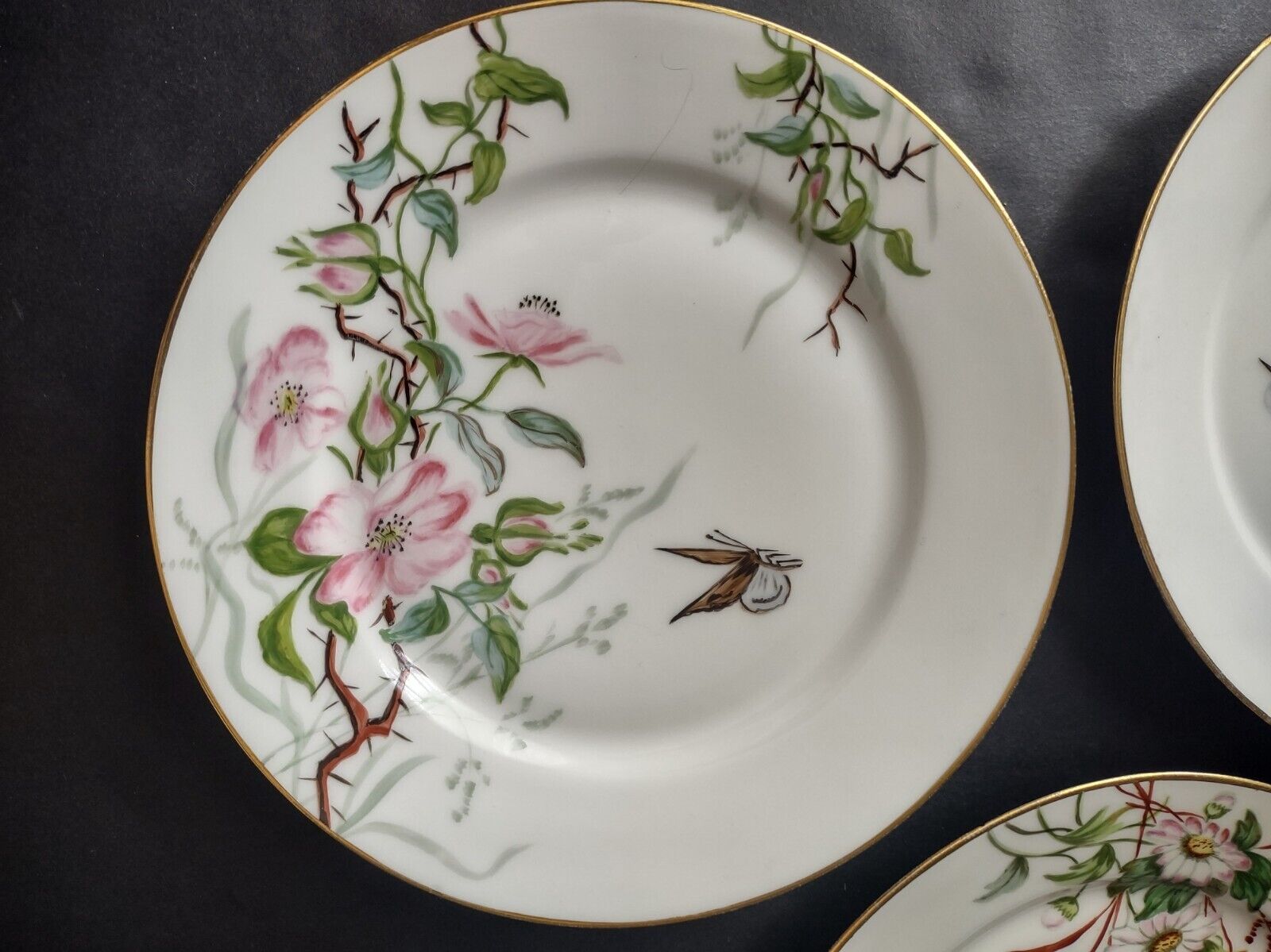 Haviland Limoges France 3 x Dessert 7-3/4" Gold Trim Flower Butterfly (lot 624)