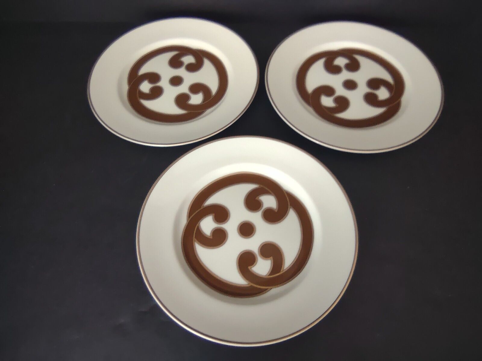 VIntage Rare Fitz and Floyd 3 x Charade Dessert Plate Brown Cream Gold (lot 535)